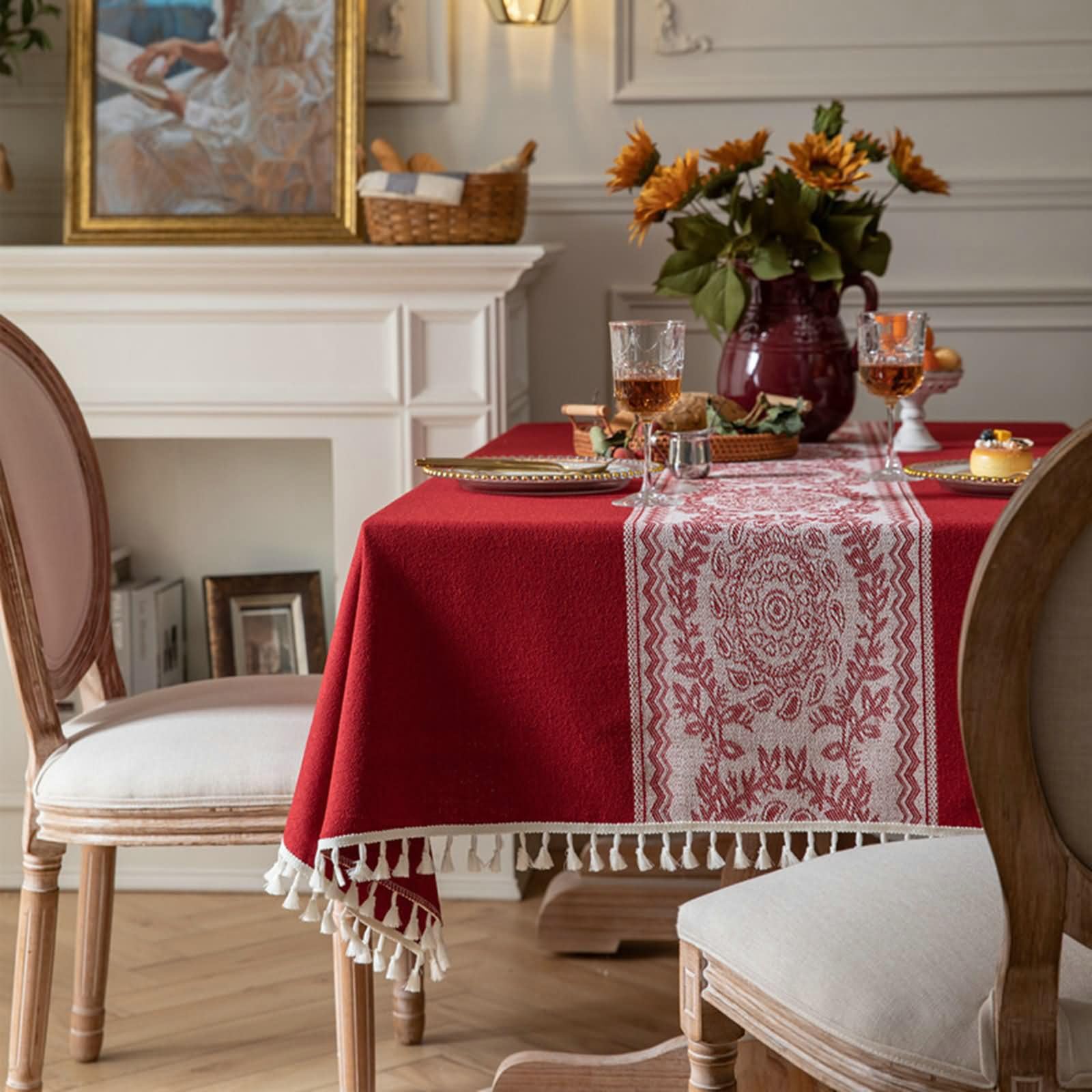 Mantel Lavable Antimanchas Rectangular Rojo, Estampado Floral con Borlas, de Poliéster Fácil de Limpiar, 140 x 220 cm, Mantel para Mesa de Centro