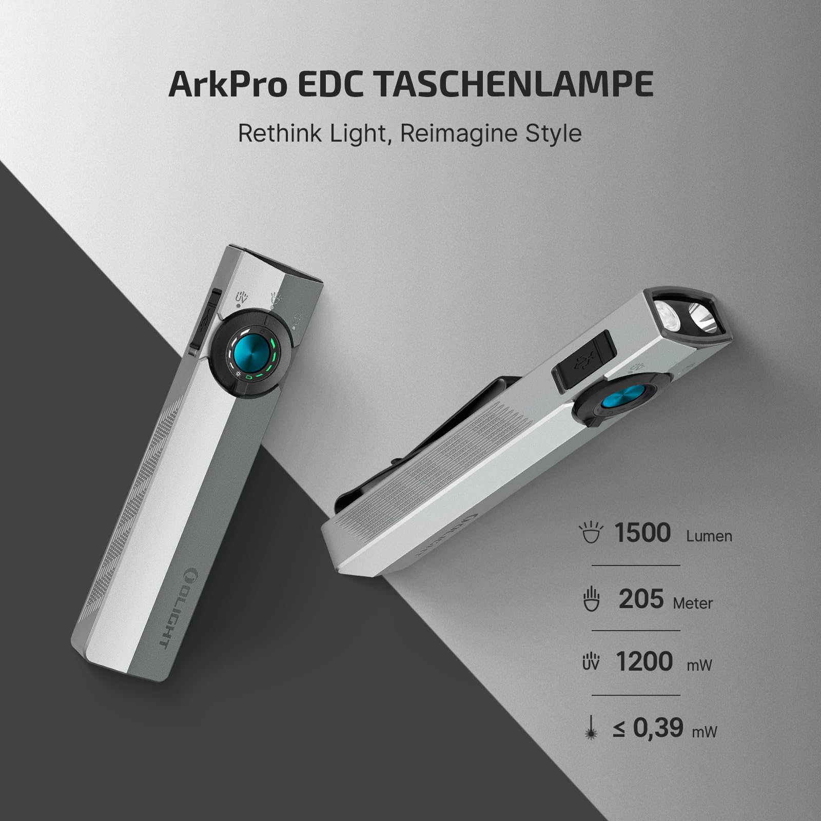 OLIGHT ArkPro Latarka z promieniowaniem UV i światłem zielonym, 1500 lumenów, zasięg 205 m, latarka z skupionym i czystym światłem rozproszonym do użytku na zewnątrz, wodoodporna IPX7, srebrnoszary