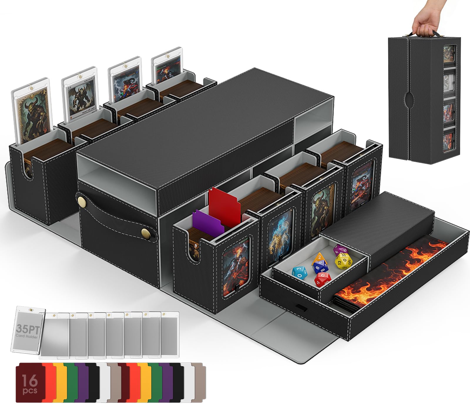 Cortile Commander Deck Box for MTG, 10 IN 1 Card Deck Box with 8-Deck Modular Card Case and 2 Dice Trays Holds 1040+ Double-sleeved Cards, Removable MTG Deck Box with Handle for TCG/EDH, Black Grey