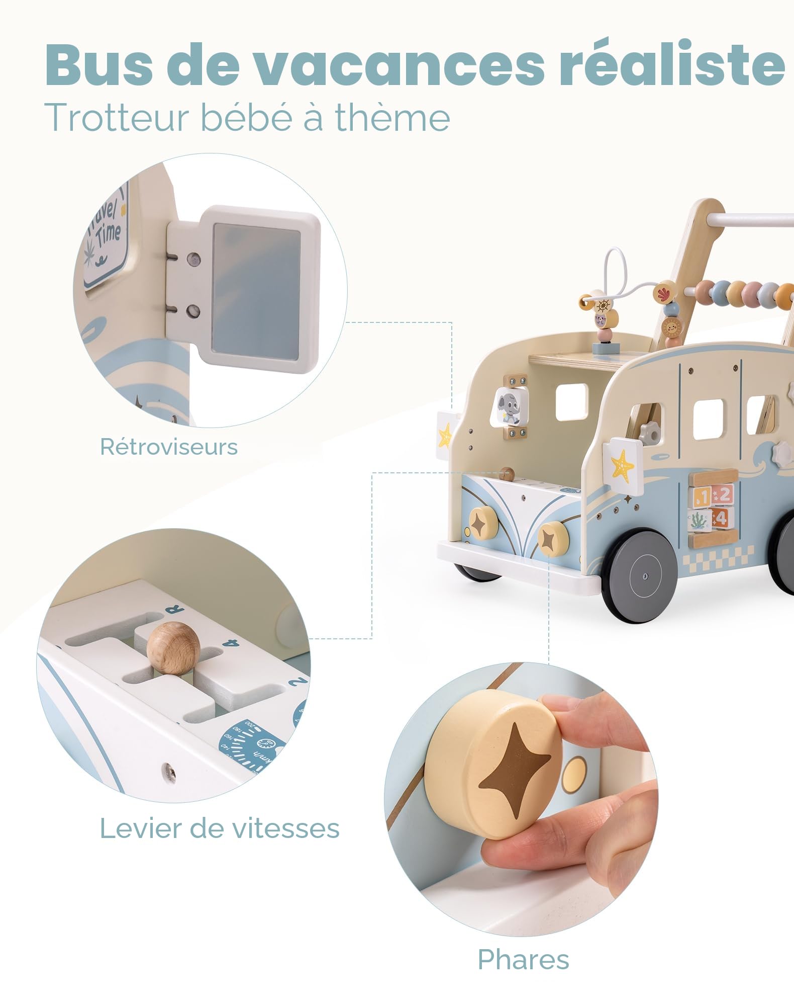 ROBUD Trotteur Bebe en Bois, Multifonction Chariot de Marche Bébé avec Centre d’Activités, Hauteur et Vitesse Réglables, Enfants Jouets Cadeau pour Fille Garçon de 10 Mois à 2 Ans (Bus de Vacances)