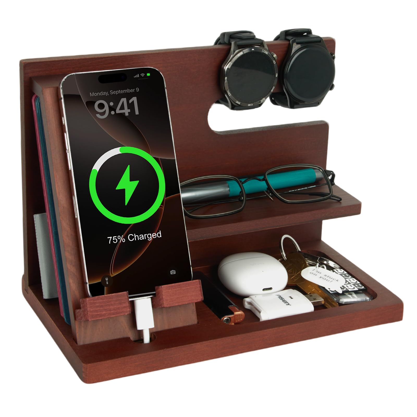 ELEVAT Gifts for Men Christmas Wood Phone Docking Station Desk Organizer Fathers Gifts Anniversary Birthday Gifts for him Xmas Presents for Dad Nightstand Key Wallet Stand for Men, Boyfriend, Dad
