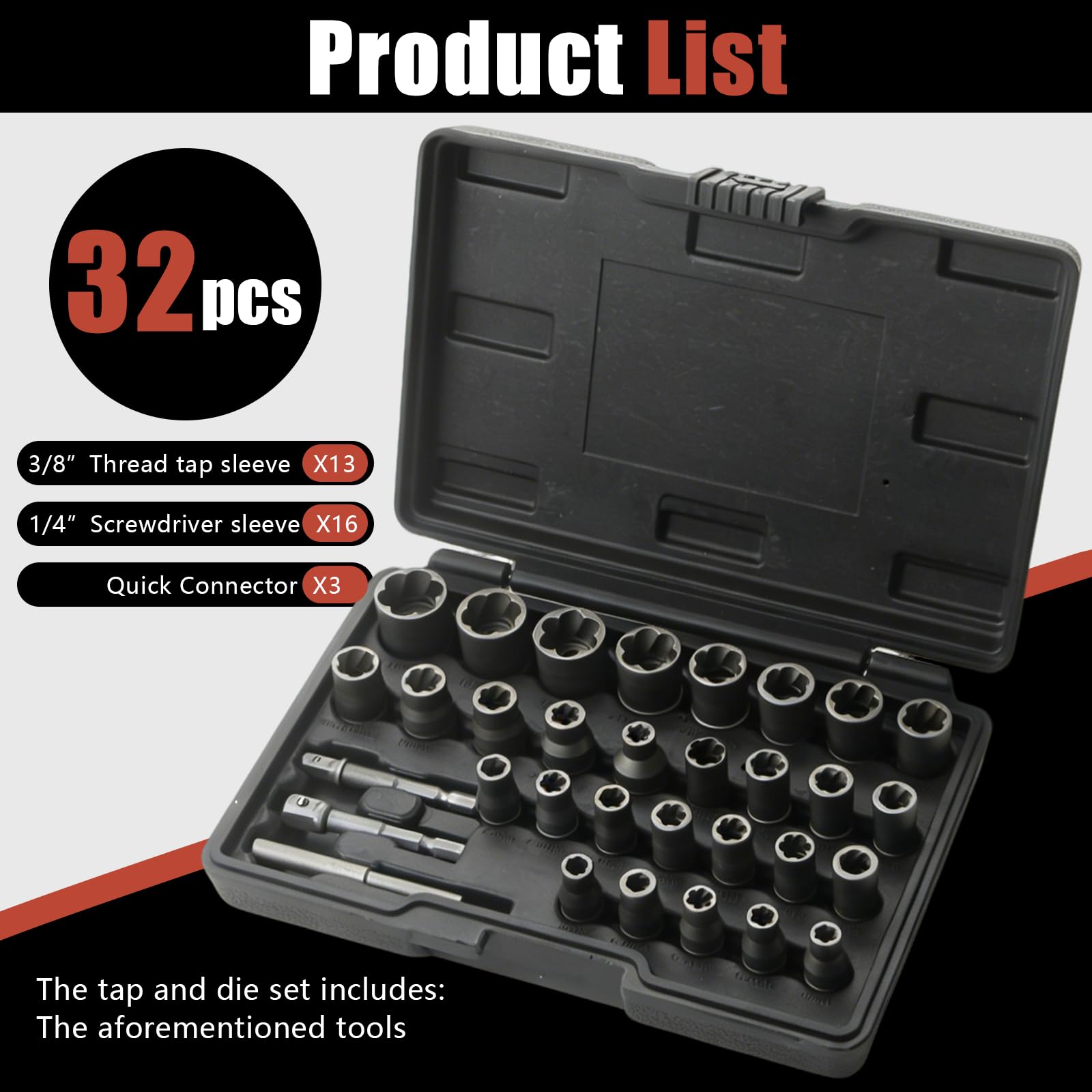 Juego Extractor De Tornillos 32 Piezas, Vasos Extractores 3/8" Y 1/4" Perfil Espiral, Para Tornillos Y Tuercas Dañadas Oxidadas O Gripadas, Acero Cr-Mo Con Adaptador Rápido