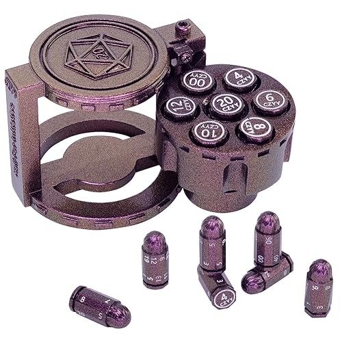 Metal Polyhedral Bullet Dice Set of 7 with Spinning Revolver Cylinder Container - Cyberpunk Style Dice for D&D, Sci-Fi, War, or Crime Theme Tabletop Games (Symphony Purple) - Symphony Purple