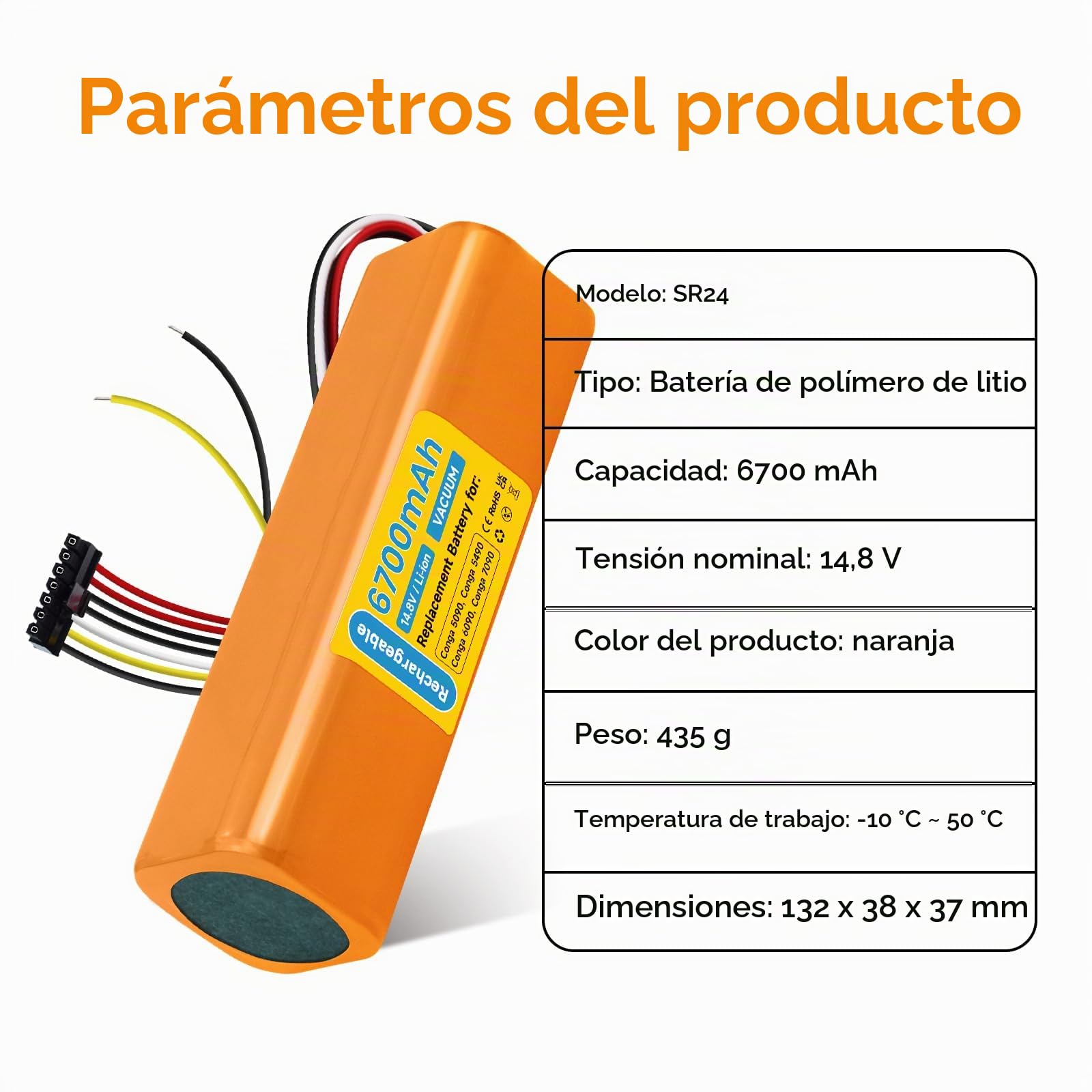 6700mAh/14.8 V Litio Batería de Repuesto para Cecotec Conga 5090 5490 6090 6490 7090 IA, Bateria Alta Capacidad Larga duración, facilitar el reemplazo