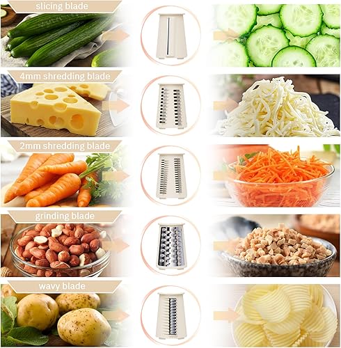 Miniatura 5 de Rallador de queso giratorio manual con asa, triturador de queso de cuchillas inoxidables reemplazables 5 en 1, base de succión fuerte, cortador de