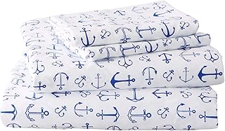 Great Bay Home Printed Coastal Microfiber Bed Sheets. Wrinkle Free, Deep Pockets, Beach Theme Sheet Set. Newport Collection (Queen, Anchor)