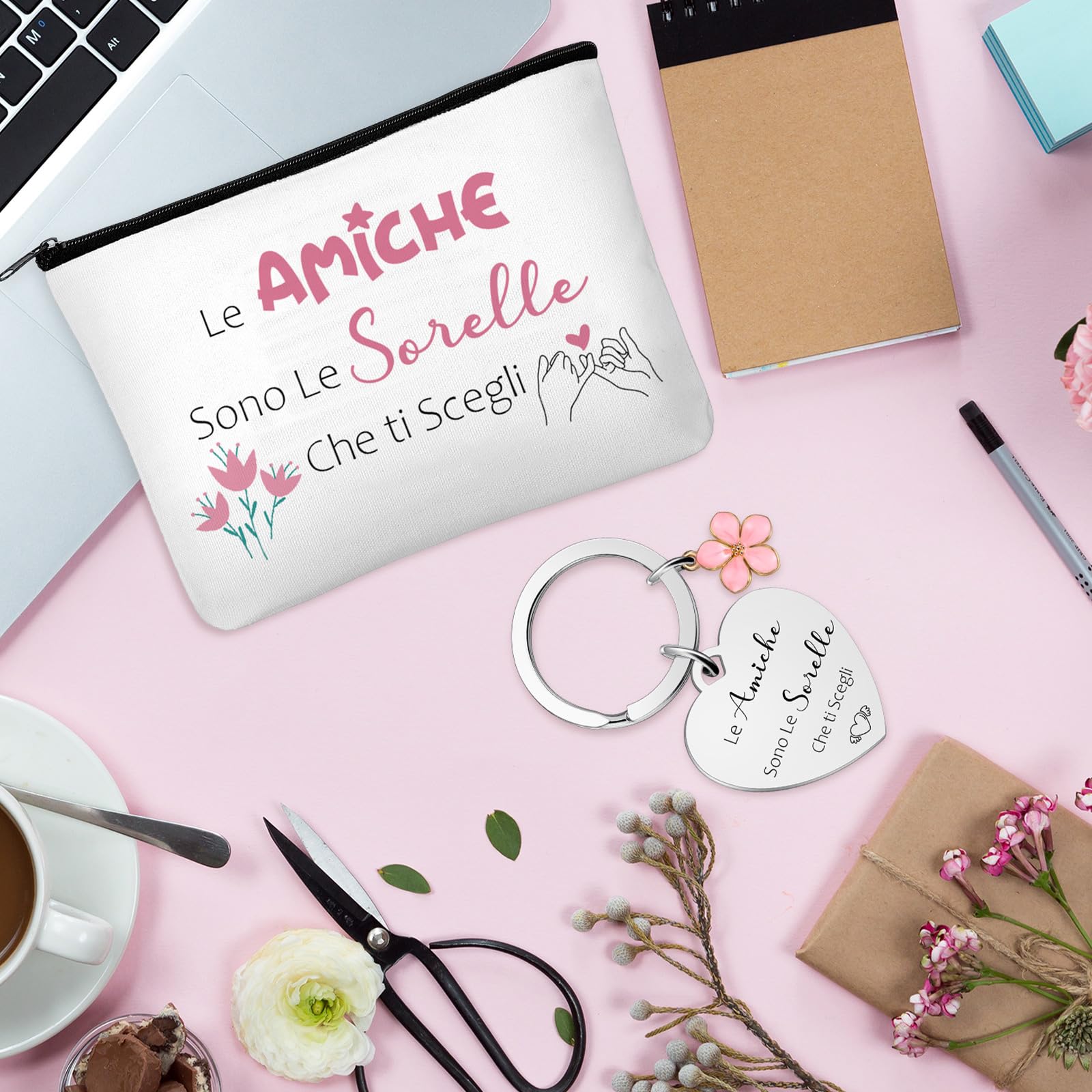 Weewooday Set Regalo per Migliore Amica e Sorella 1 Borsa per Cosmetici 1 Portachiavi dell'Amicizia con Ciondolo a Forma di Fiore Pochette per Trucchi Borsa Toilette Beauty Case per Compleanno