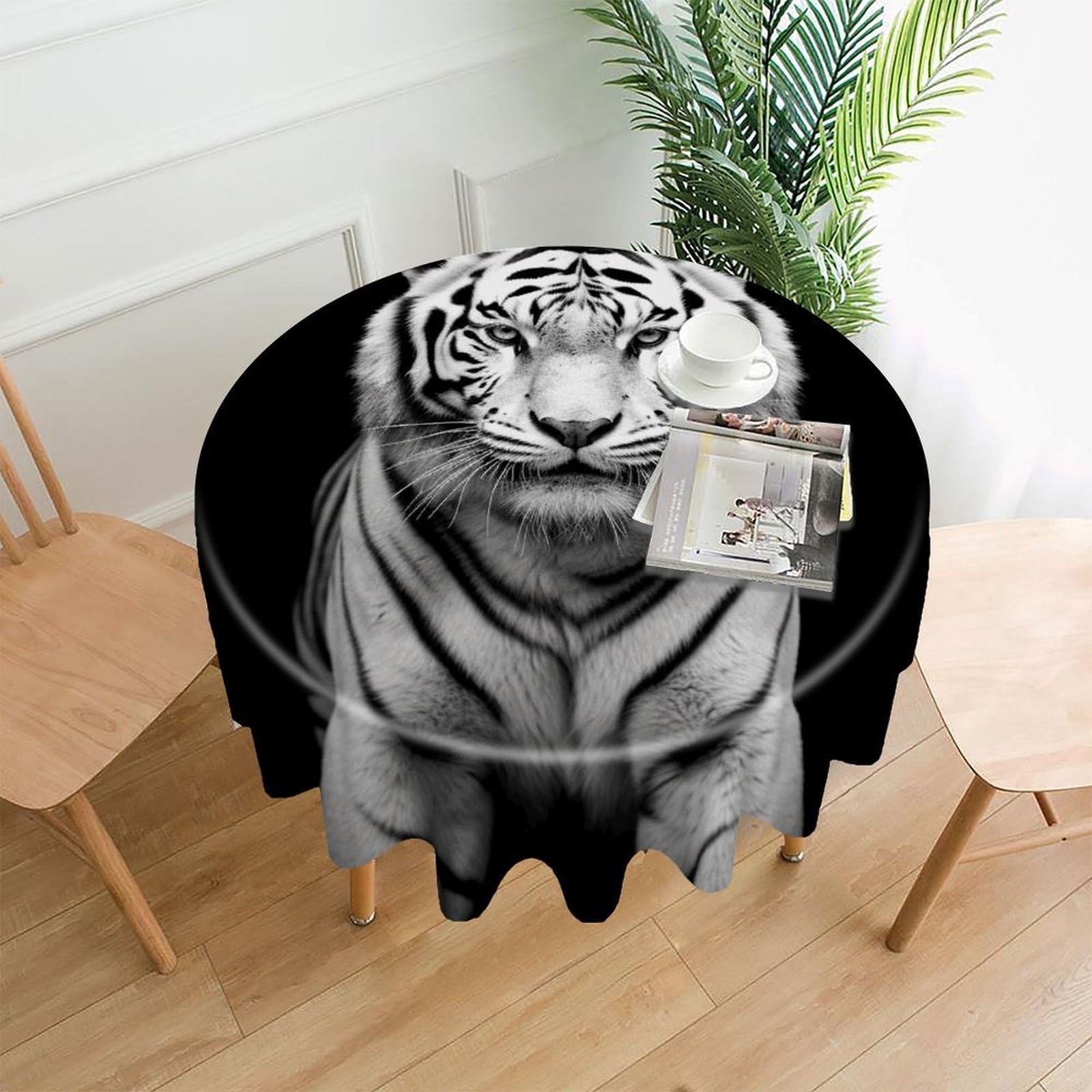 FodPand Black and White Tiger Round Tablecloth - 60 Inch Premium Polyester Table Cloth, Fashion Wrinkle Resistant Decorative Table Cover for Dining Kitchen Party Buffet Tables