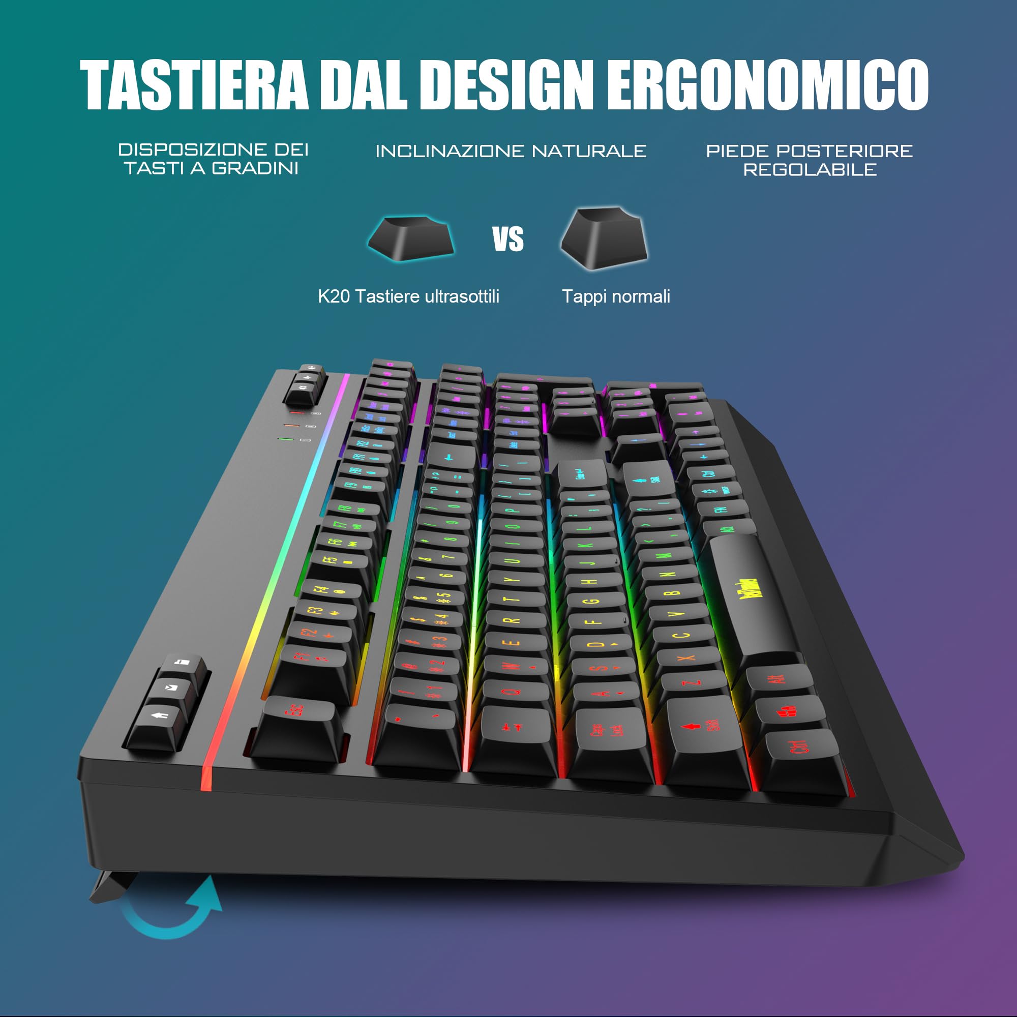 RedThunder K20 Combo Tastiera e Mouse Wireless, Tastiera Full-Size Anti-ghosting con Tasti Multimediali + Mouse Ottico 7D 4800DPI, Set da Gioco/Ufficio RGB Ricaricabile per PC Laptop Mac Xbox (Nero)