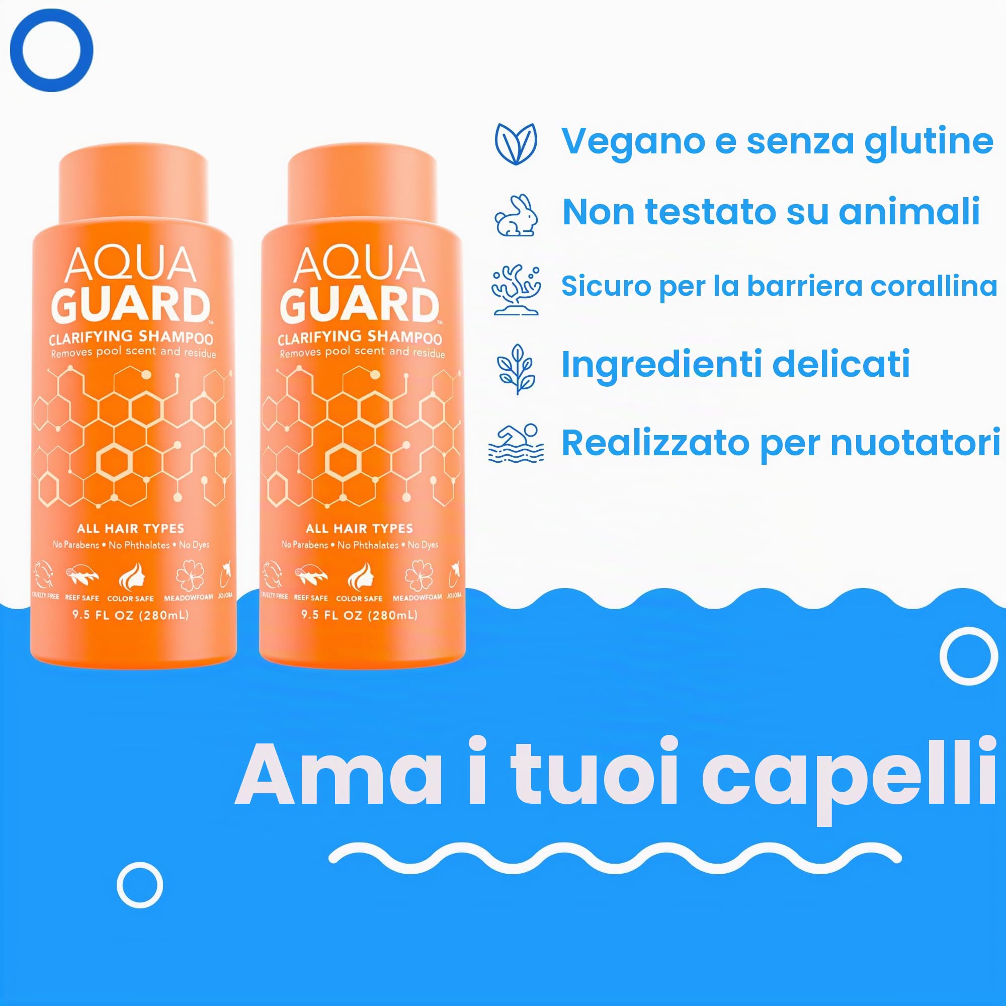 AquaGuard Shampoo Chiarificante Delicato | Sconfiggi il cloro e goditi la piscina | Senza parabeni e glutine, vegano, sicuro per i colori, certificato cruelty-free | Due Flaconi