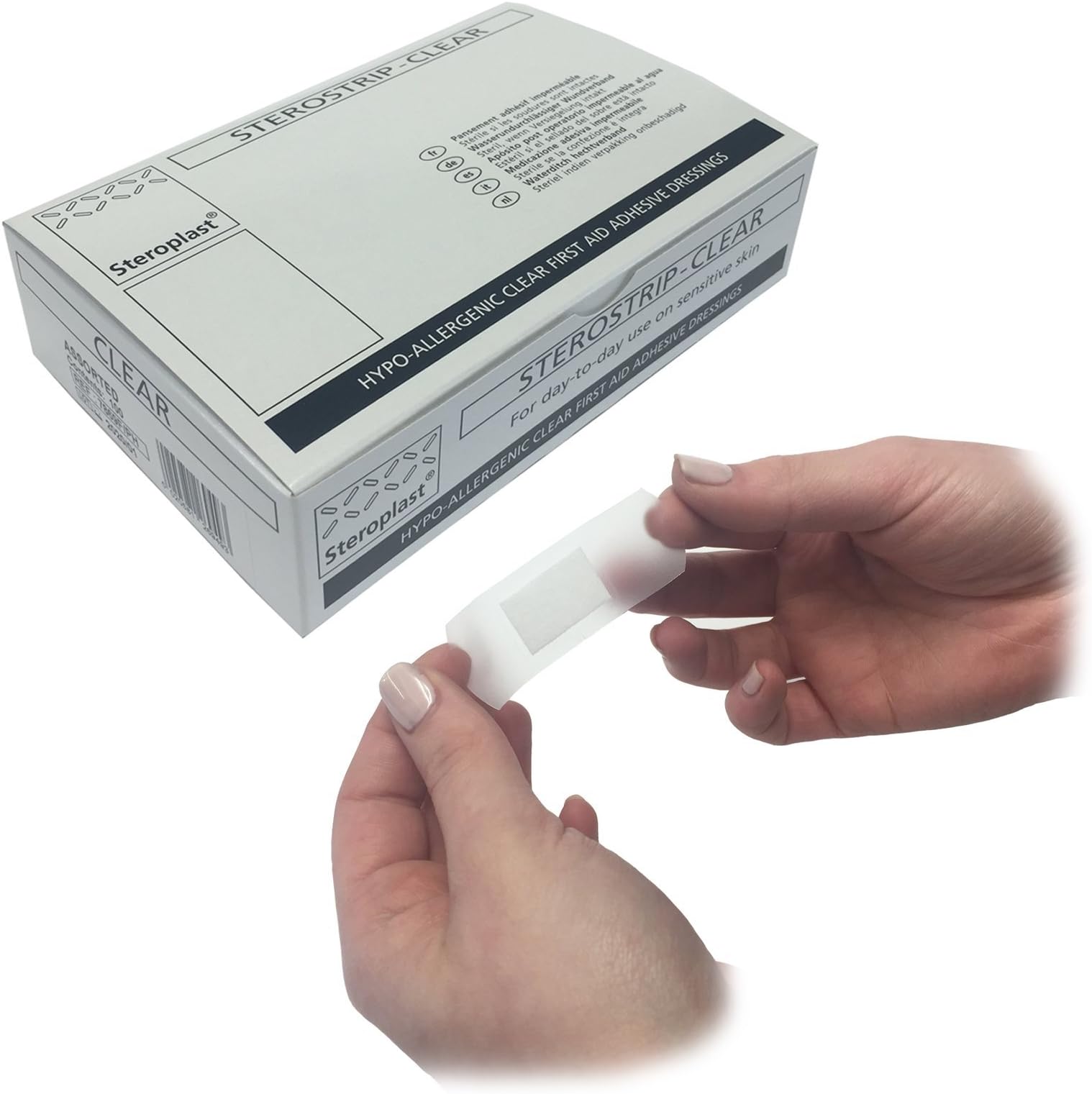 1 BOX OF STEROPLAST STEROSTRIP WASHPROOF STERILE HYPO-ALLERGENIC 100 ASSORTED CLEAR TRANSPARENT DRESSING PLASTERS