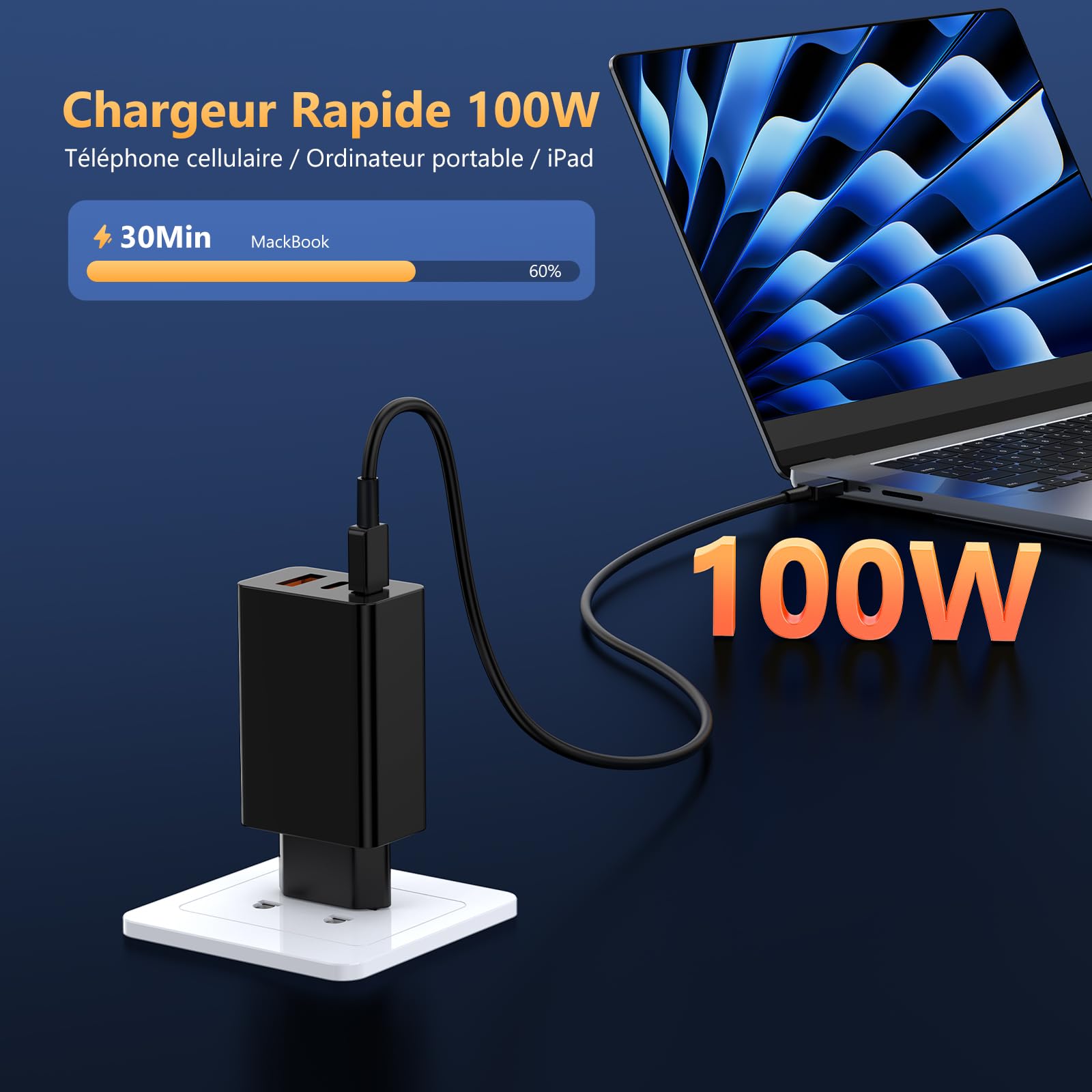 Chargeur USB C 100 W, Chargeur Rapide 3 Ports Prise USB C +USB A, GaN QC Prise Type C Adaptateur pour MacBook Pro, MacBook Air, iPad Pro, iPhone 17/16, Samsung Galaxy et Tous Les appareils USB C - 2