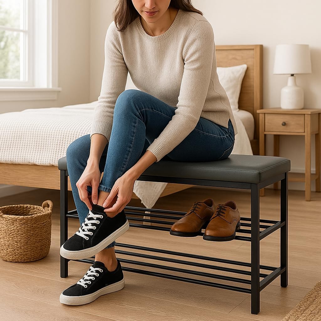 USTECH Shoe Storage Bench with 3 Tier Standing Shelf and Comfortable Seat | Perfect Entryway Cabinet and Long Bench Seat Solution