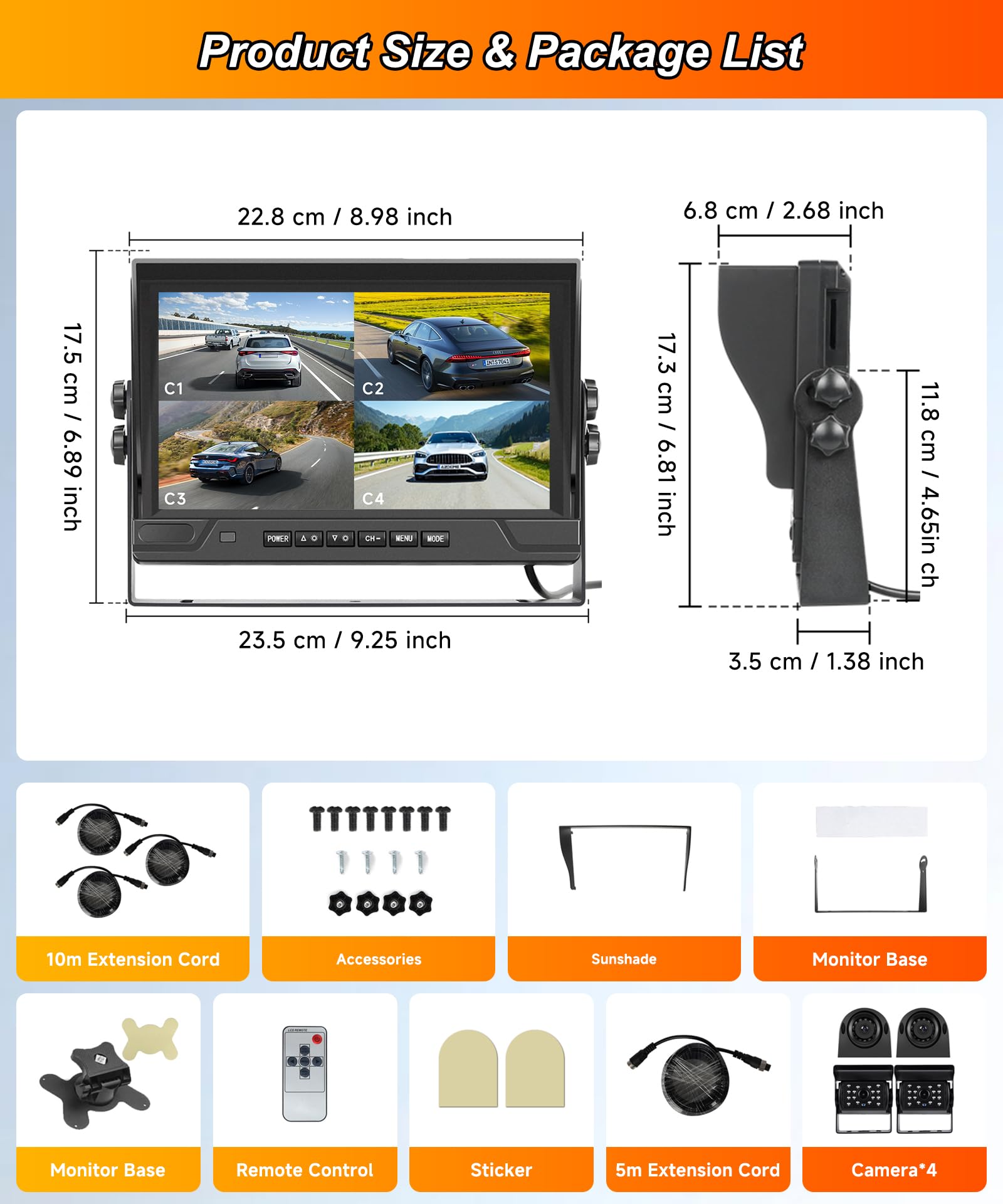 VECHTEL 4*Rückfahrkamera Kabel mit 9 Zoll IPS Monitor,Einparkhilfe,LED Rückfahrkamera Auto Nachtsich/IP68 Wasserdicht für SUV LKW Wohnmobil,DC 12–24 V,Loop-Aufnahme