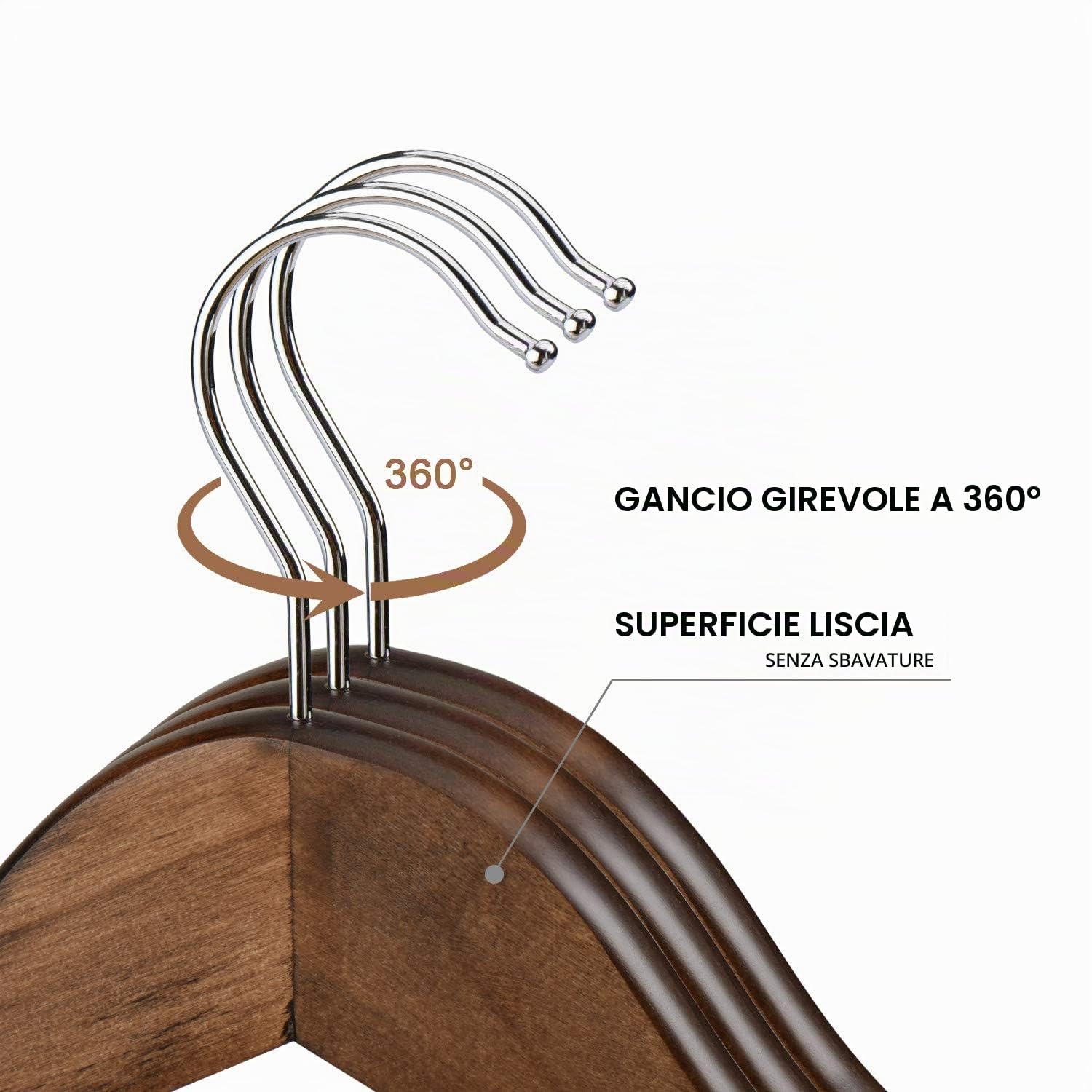 HOUSE DAY Grucce Appendiabiti in Legno Premium, 20 Pezzi, con tacche e Barra girevoli a 360°, per Pantaloni, Vestiti, Giacca, -44,5 cm Colore Noce