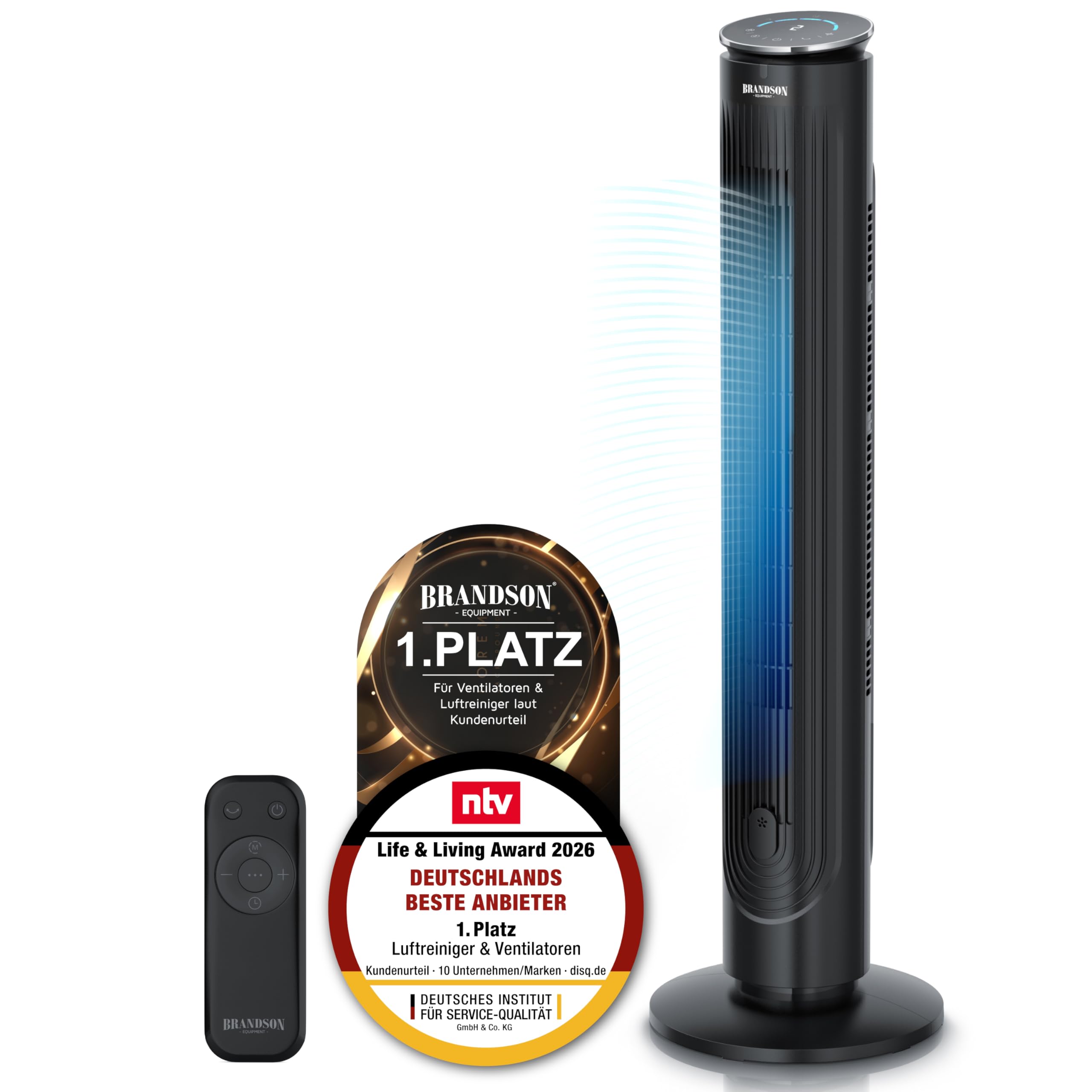 Brandson - Turmventilator mit Fernbedienung - Aromafach – sehr leise – Oszillation - Timer – 4 Modi – 5 Geschwindigkeitsstufen – LED Anzeige