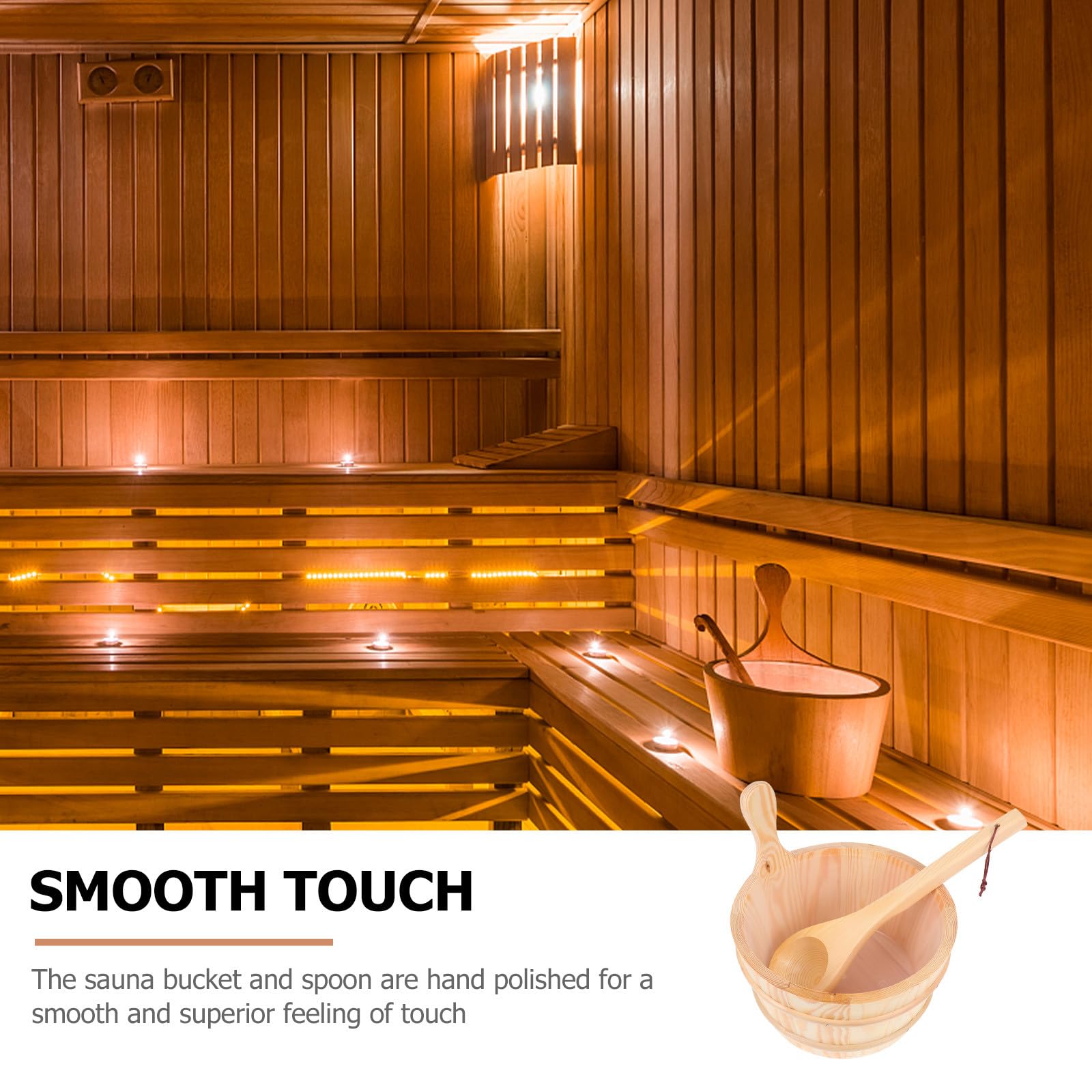 NUOBESTY Praktisches Holzfass und Fasslöffel Satz für Sauna mit Handpolierter Oberfläche und Leicht zu Greifendem Design für Saunazubehör