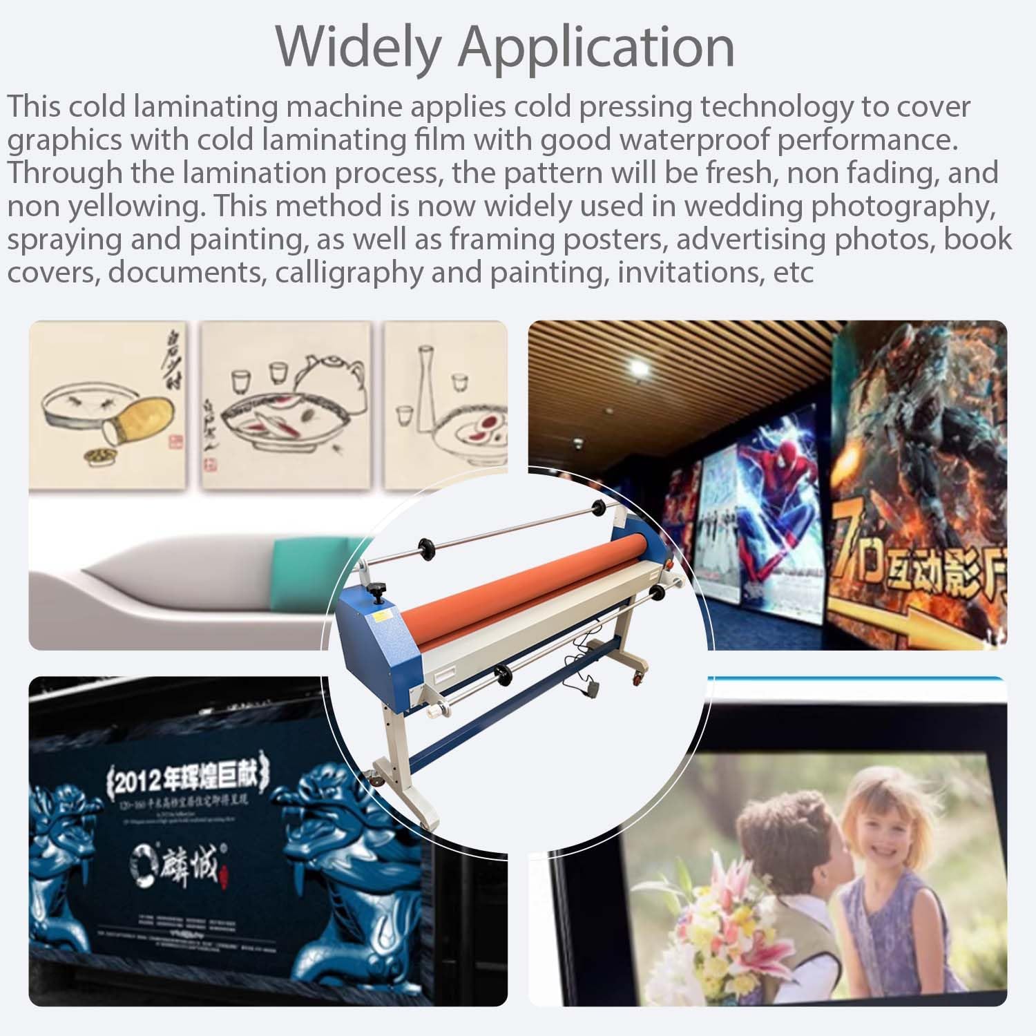 63in Industrial Cold Laminator Electric Manual Cold Roll Laminating Machine with Wide Format Film Hold Rod Casters Vinyl Photo Laminating Machine Soft Rubber Roller for Commercial Offices