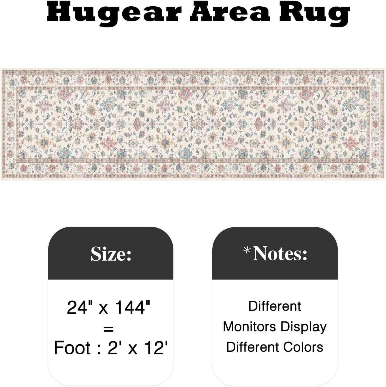 HUGEAR 2x12 Runner Rug Hallway Vintage Colorful Machine Washable Retro Floral Low Pile Carpet Vacuumable Distressed Long Throw Rug Bedroom Office Bathroom Kitchen Farmhouse Playroom Non Slip