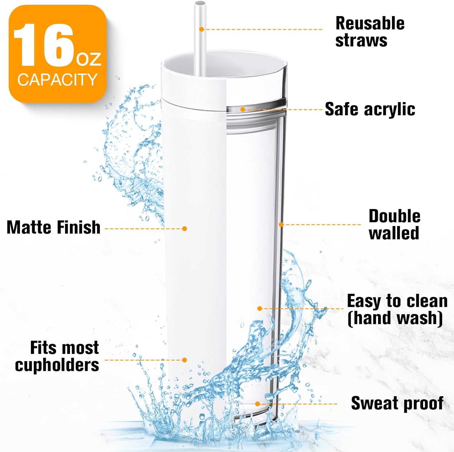 30 Pcs Skinny Tumbler with Lid and Straw, 16 oz Matte Acrylic Tumbler Insulated Double Wall Plastic Reusable Cups Vinyl Customized DIY Gifts for Parties, Birthday, Home, Office (White) - Image 3