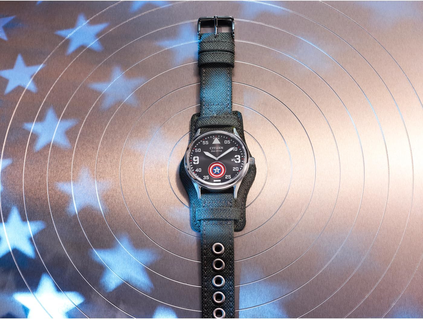 Citizen Men's Eco-Drive Marvel, Captain America Dark Gray Stainless Steel Nylon Strap Watch (BV1140-00W)