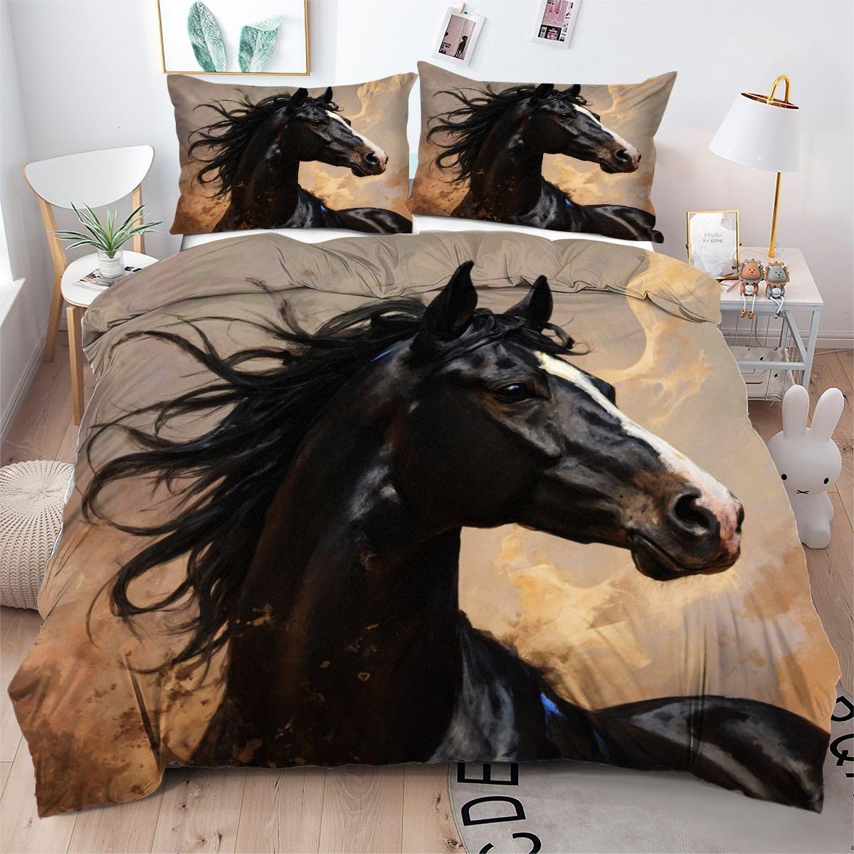 Parure de lit 240x260 cheval noir avec housse de couette microfibre respirante