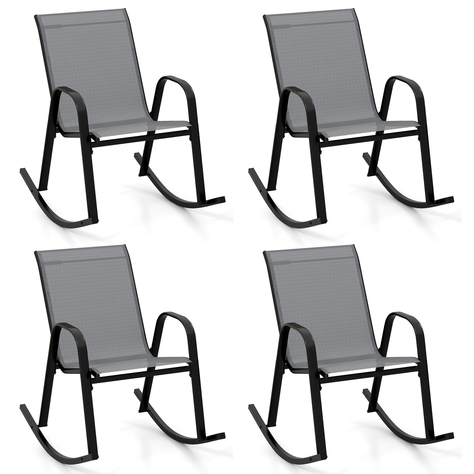 GOPLUS Lot de 2 Fauteuil Jardin Exterieur à Bascule en Textilène, 62 x 91 x 86 CM, Rocking Chair Cadre Métal avec Dossier Incurvé et Accoudoir Ergonomique, Charge de 150 KG, pour Jardin, Balcon (Gris)