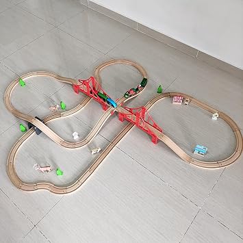 Wooden Train Track Accessories Set, Double Big Red Suspension Bridges Set, Compatible with All Major Brands Track, Christmas Birthday Gift for Boys Girls, Toys Expansion Pack for Kids Ages 3+