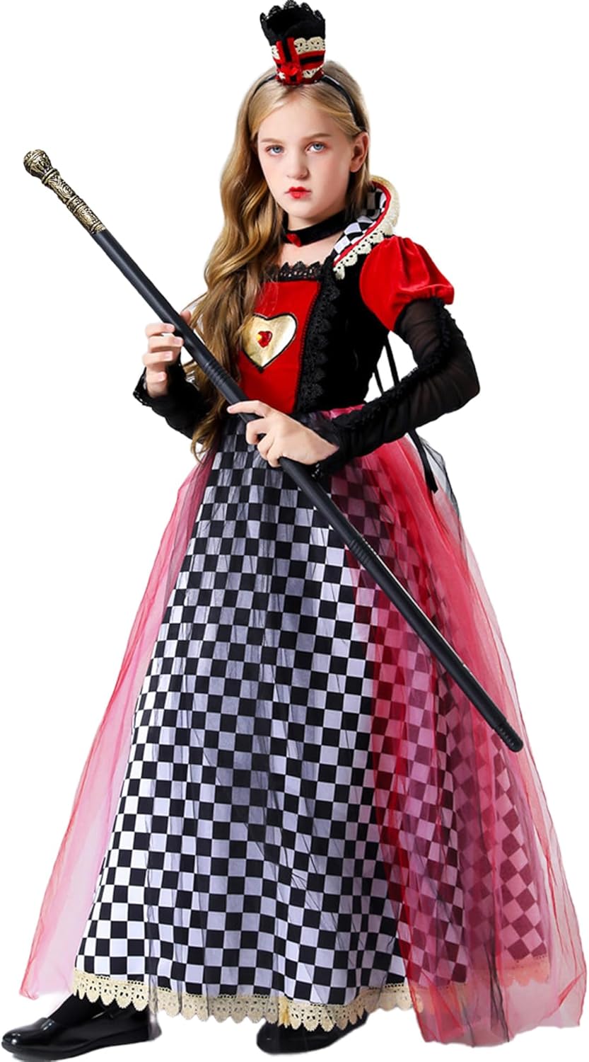 Queen of Hearts Costume Kids Wonderland Red Heart Queen Girls Halloween Costume Fancy Dress Outfit with Crown