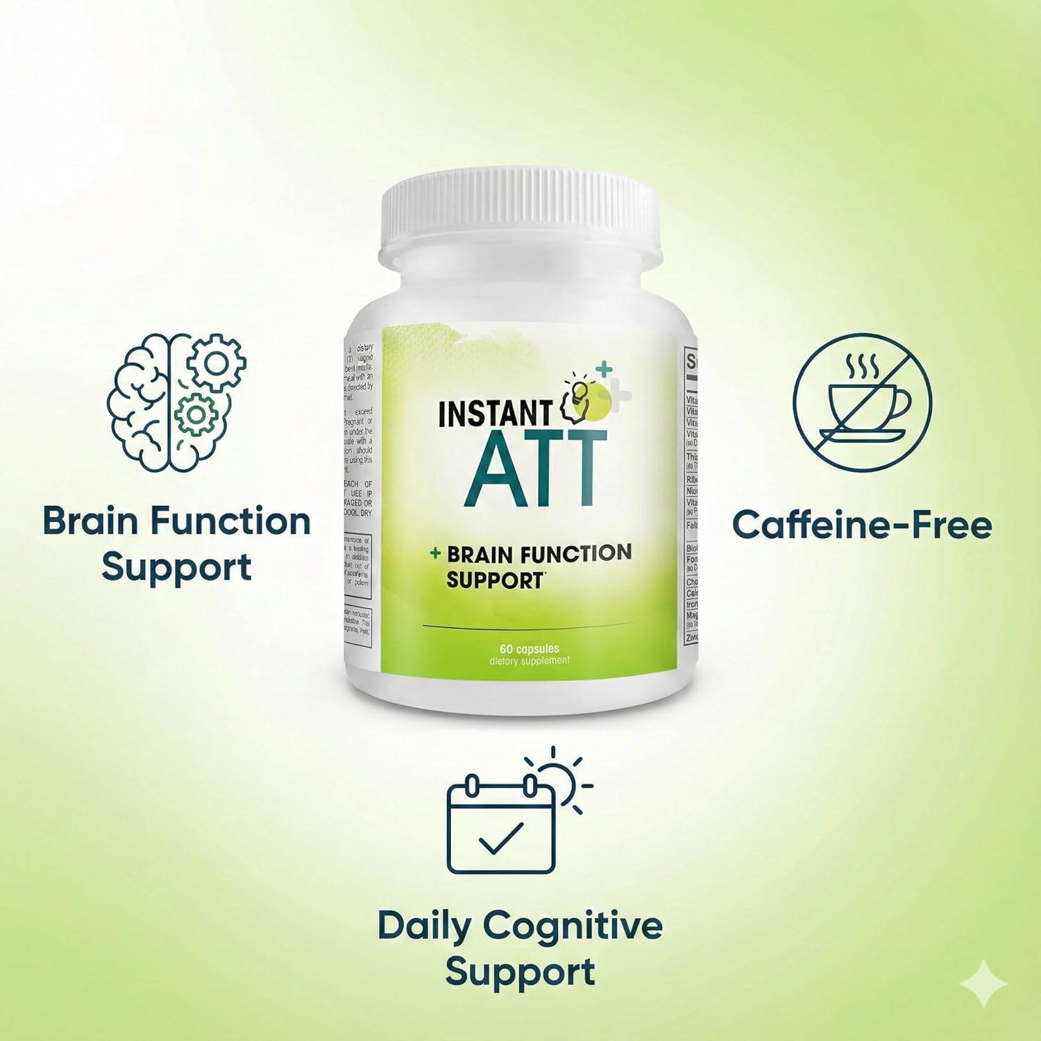 InstantATT - 7-in-1 Caffeine Free Nootropic All-Natural Brain, Focus, Memory Supplement (60 Capsules)