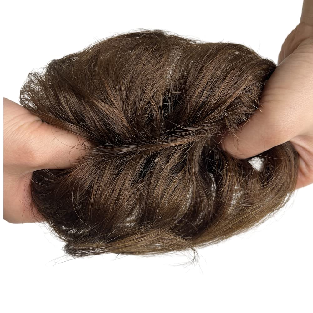 100% Human Hair Messy Bun Extension Tail, Messy Hair Bun Hair Scrunchies Extension with Fringe Curly Wavy Chignon for Women Wedding Tousled Updo Hairpiece (Dark Brown)
