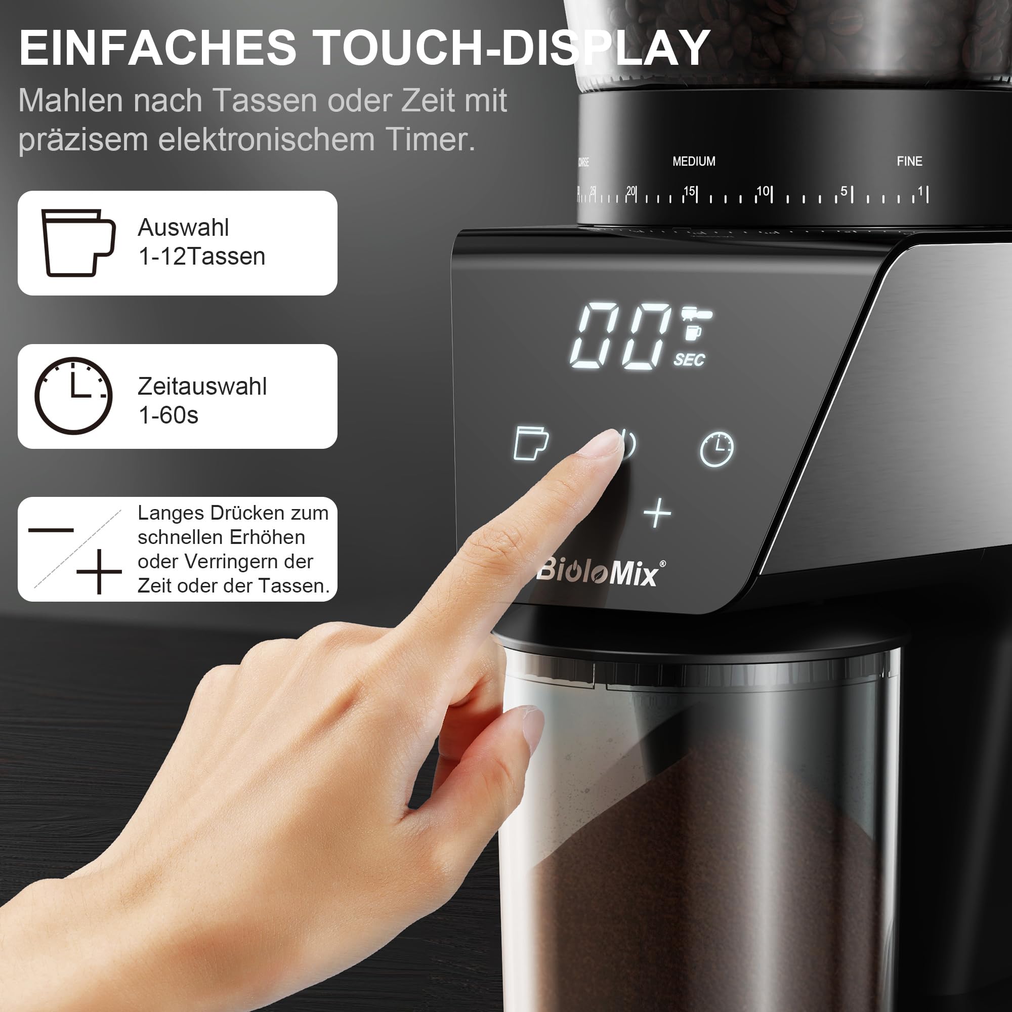 Biolomix Mulino elettrico conico con display touch screen digitale e culla portafiltro, mulino elettrico regolabile con 30 impostazioni di macinazione precise per 1-12 tazze. (antistatico), BG706