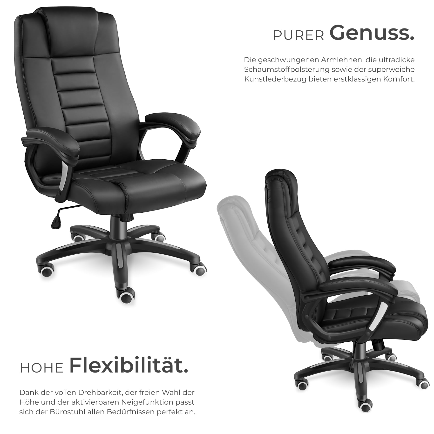 tectake® Bürostuhl, Chefsessel, Drehstuhl mit Rollen, Computerstuhl, höhenverstellbarer Schreibtischstuhl, ergonomischer Bürostuhl aus Kunstleder, Armlehnen & Wippfunktion, 12 cm Polsterung - schwarz