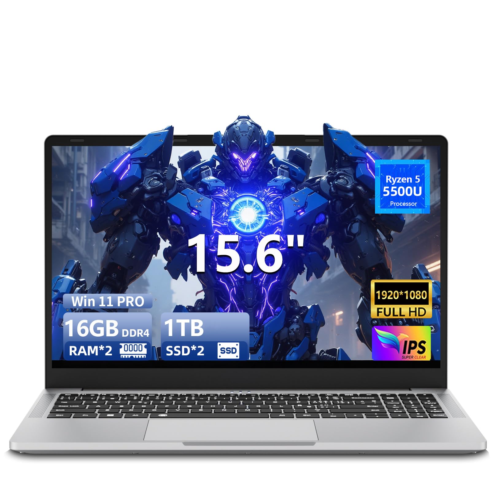 Ordenador Portátil 15,6 Pulgadas, Ryzen 5 5500U procesador 16 GB RAM SSD 1 TB, Laptop Pantalla IPS Full HD, Puerto USB Tipo-C, USB 3.0, HDMI, Teclado retroiluminado Computadora portátil