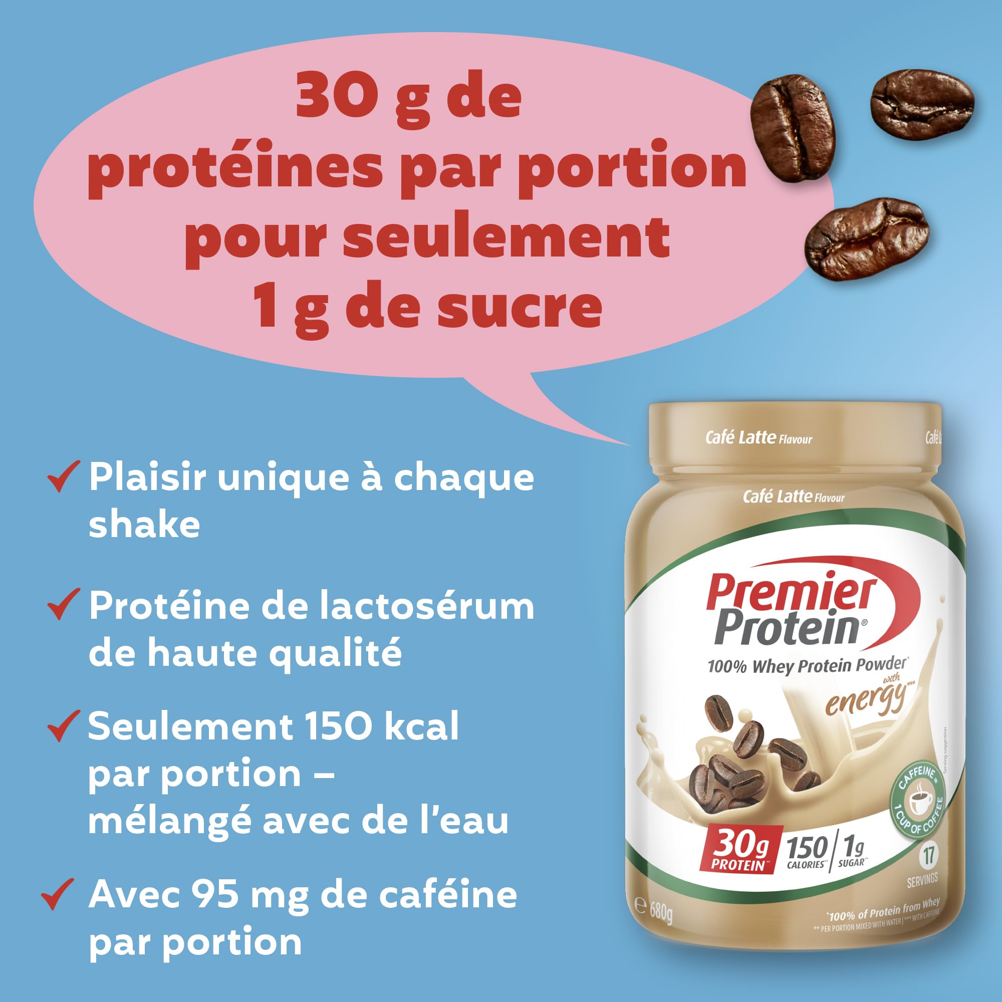 Premier Protein - Whey 100% Protein Powder - Café Latte - 680g