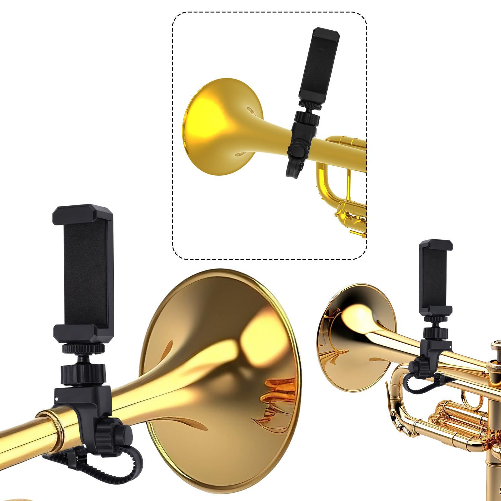 Pince Lyre Réglable pour Trompette et Téléphone, Rotation à 360° Support de Téléphone Amélioré Saxophone Accessoires pour Trompette ou Cornet (Noir)