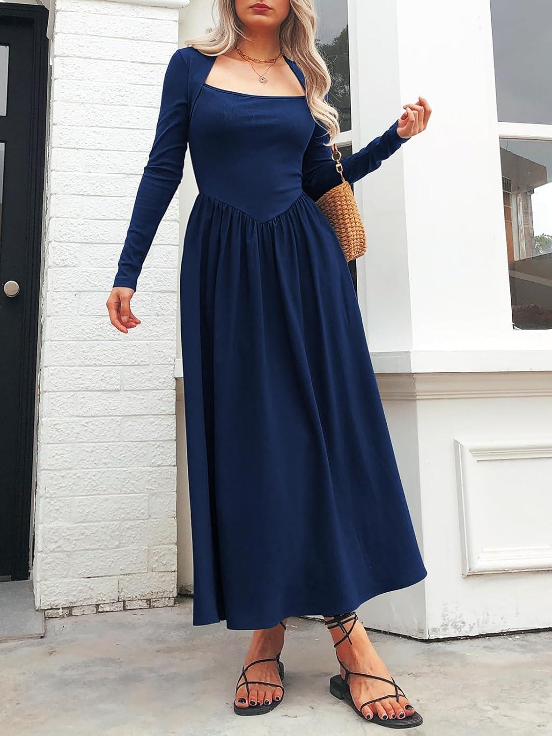 Women's Long Sleeve Maxi Dress Cotton Square Neck Casual Slim Solid Fall Winter Flowy Long Dresses with Pockets - Image 5