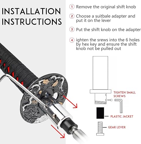 Miniatura 5 de Katana - Pomo para palanca de cambios Samurai, ajuste universal para automóviles manuales con adaptadores rojo (10.2 in)