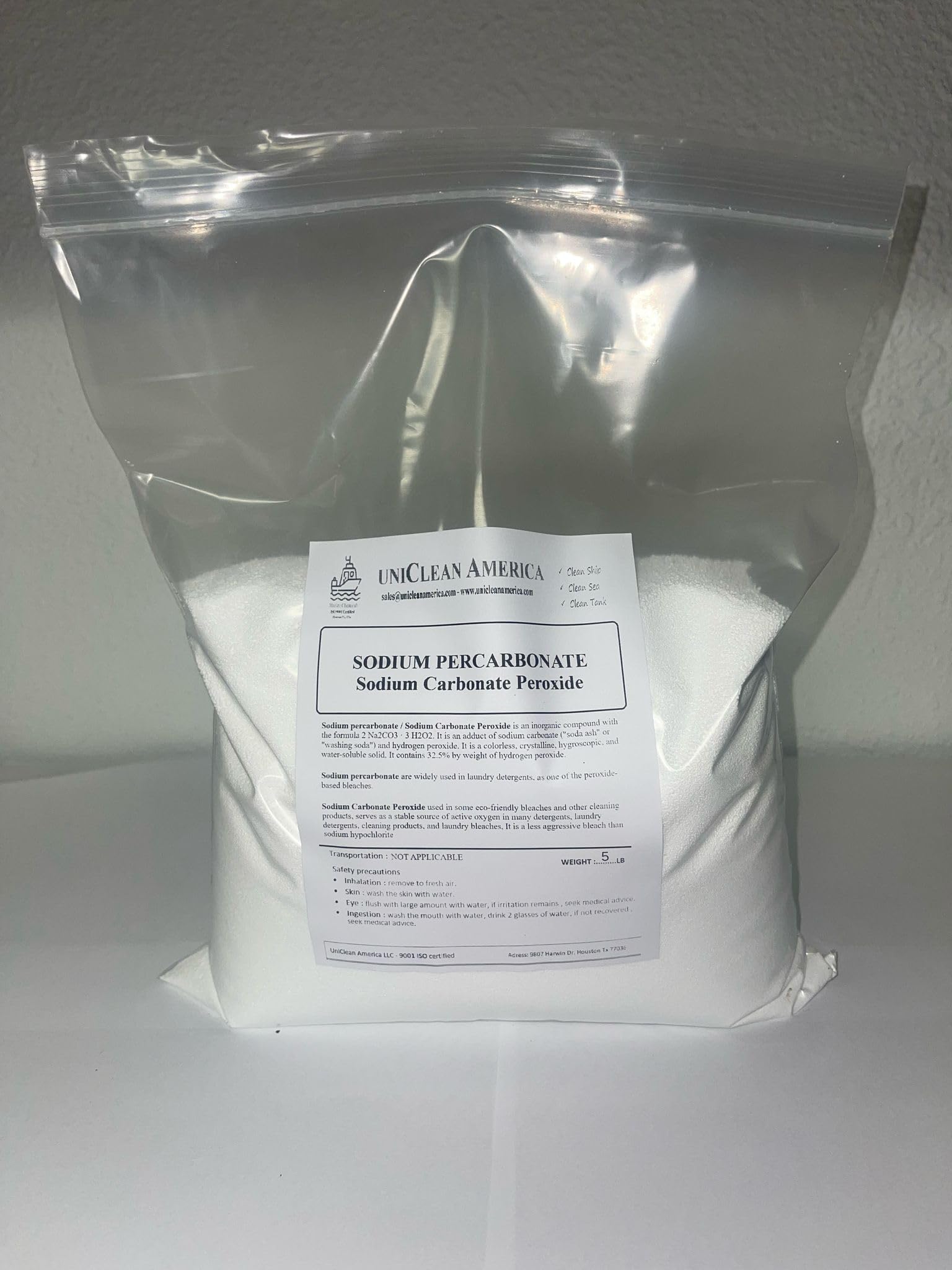 UniClean America SODIUM PERCARBONATE (SODIUM CARBONATE PEROXIDE) - cleaning & stain removing powder - Made in USA (Weight : 5 lb), 1 Pound (Pack of 1)