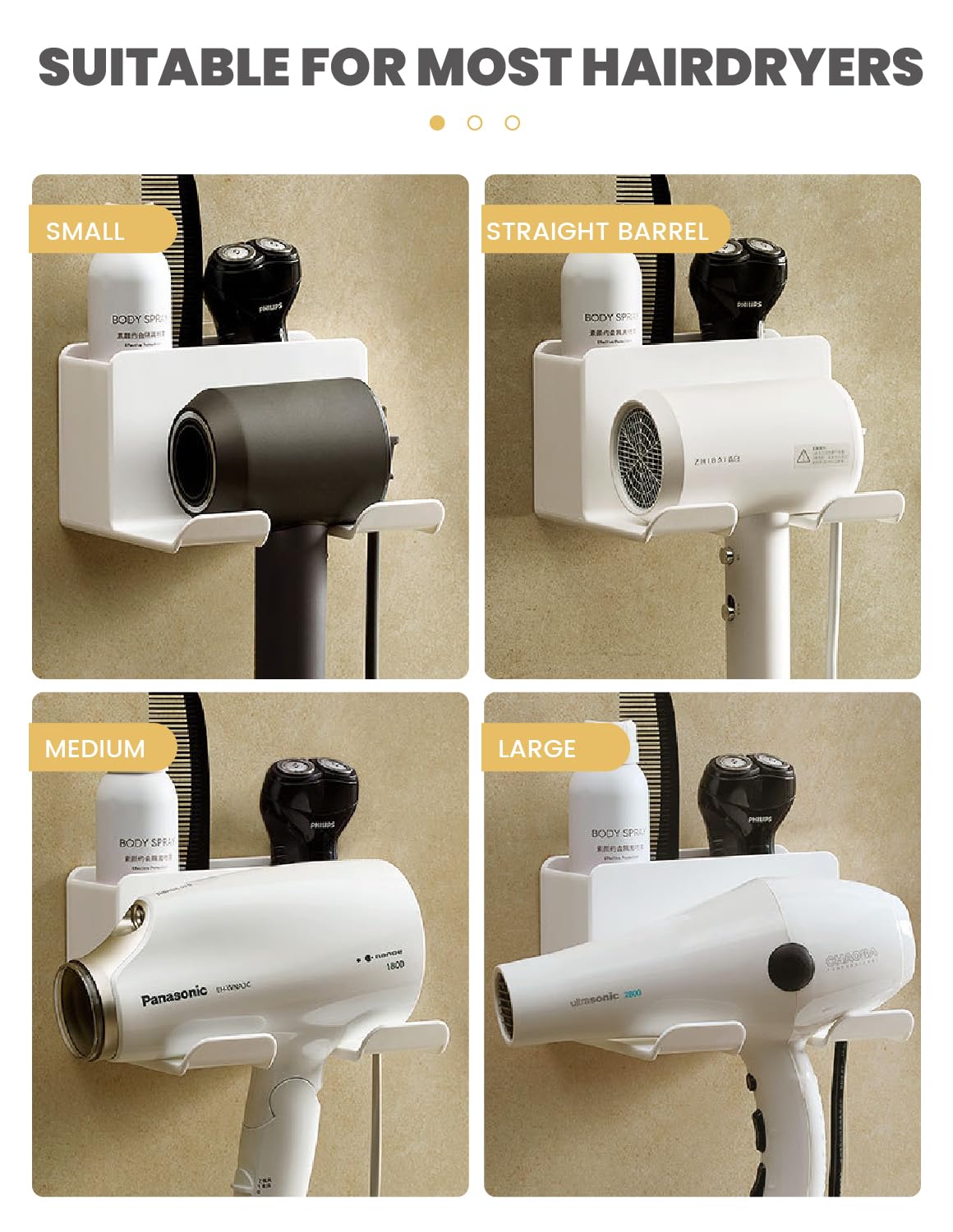 Porta Asciugacapelli Da Muro Adesivo - 2 Scomparti Con Portacavi Per Bagno - Foto 5