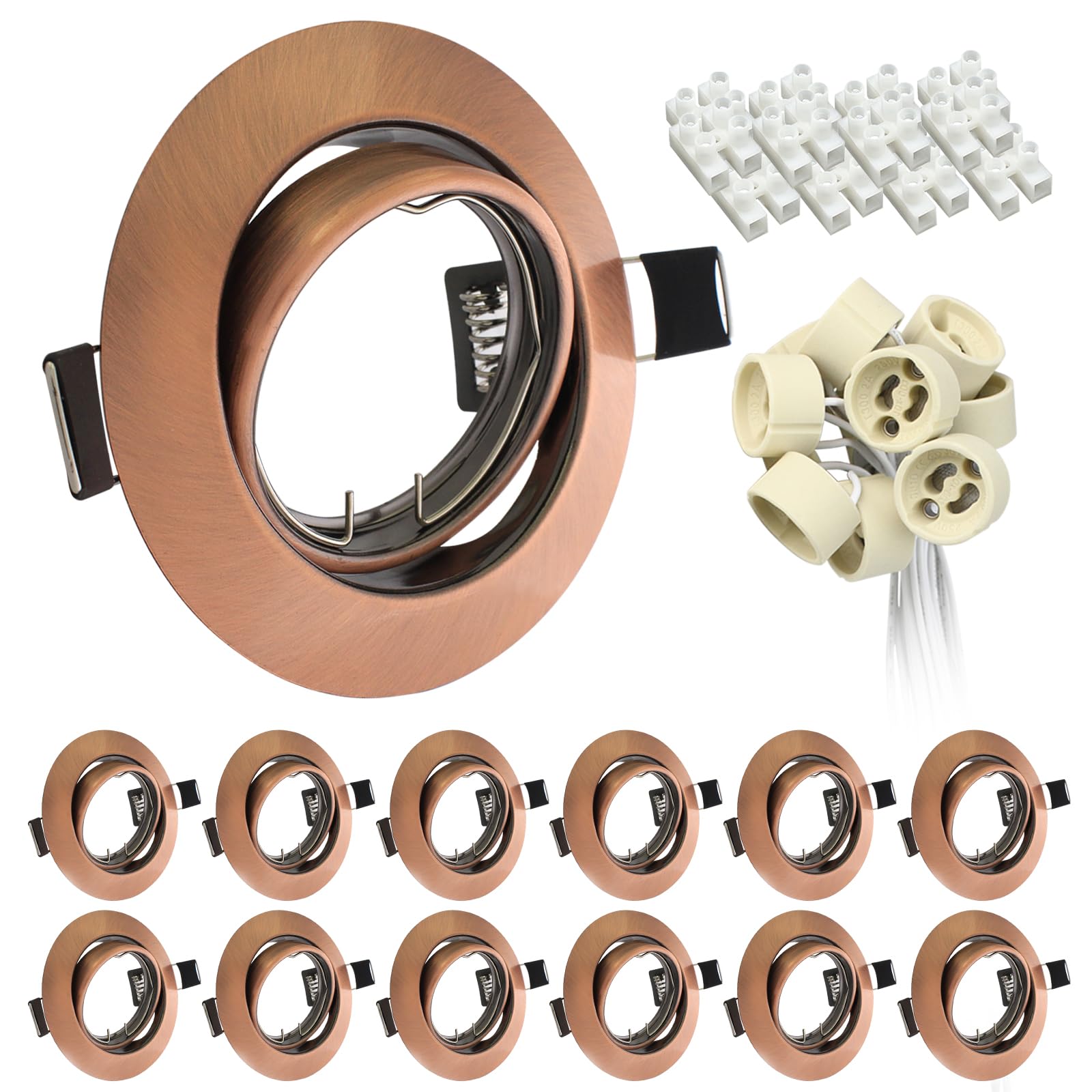 12x GU10 Downlights for Ceilings 360° Tilt Swivel Recessed Ceiling Lights Metal Frame Round Antique Copper GU10 Light Fittings with Lampholder 240V, Outer Diameter: 90mm, Cut-out: 68-85mm, No Bulbs