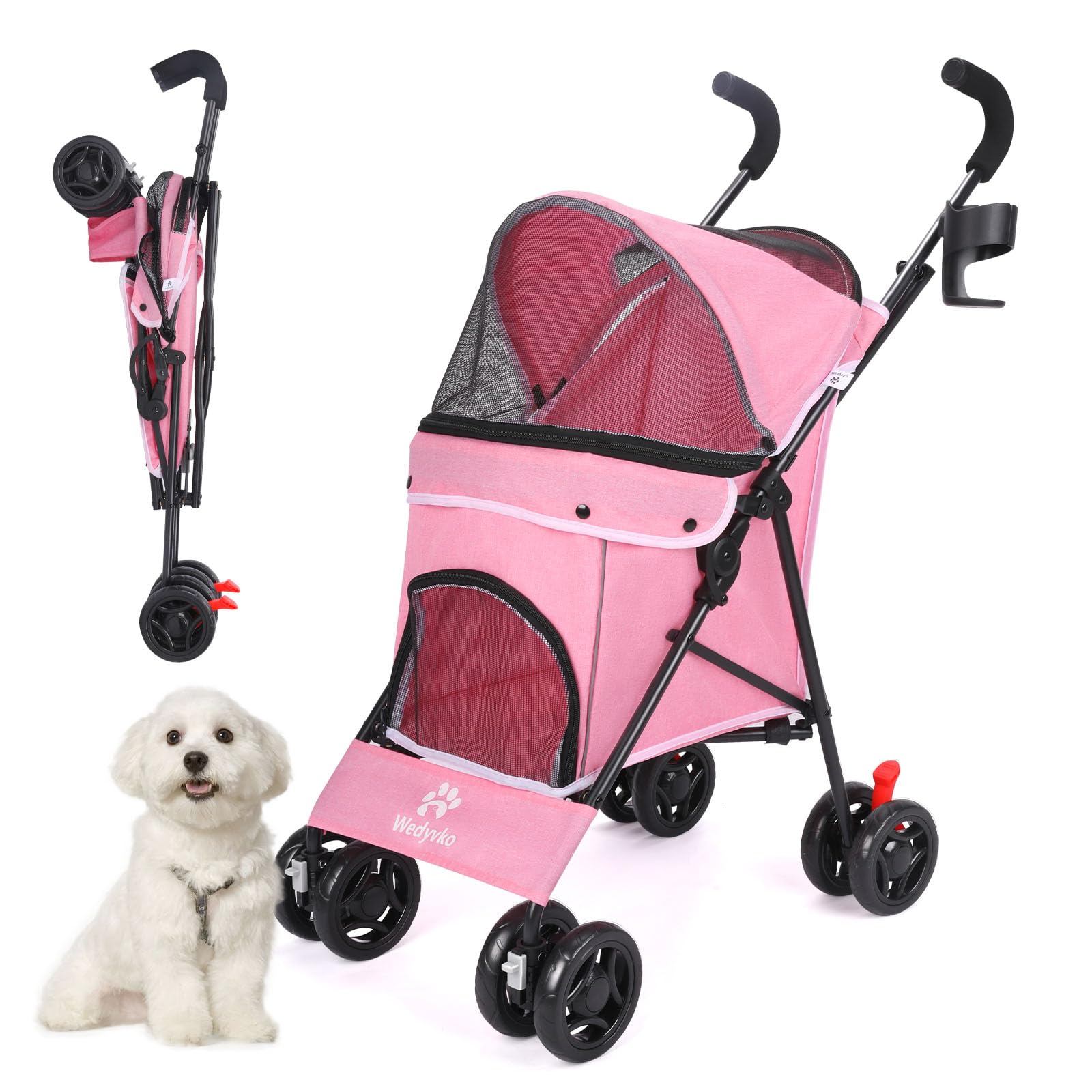 3 in 1 Pet Stroller for Small Dogs and Cats, Foldable Pet Stroller with 4 Wheels, Breathable Mesh, Large Capacity, Easy to Carry (Pink)