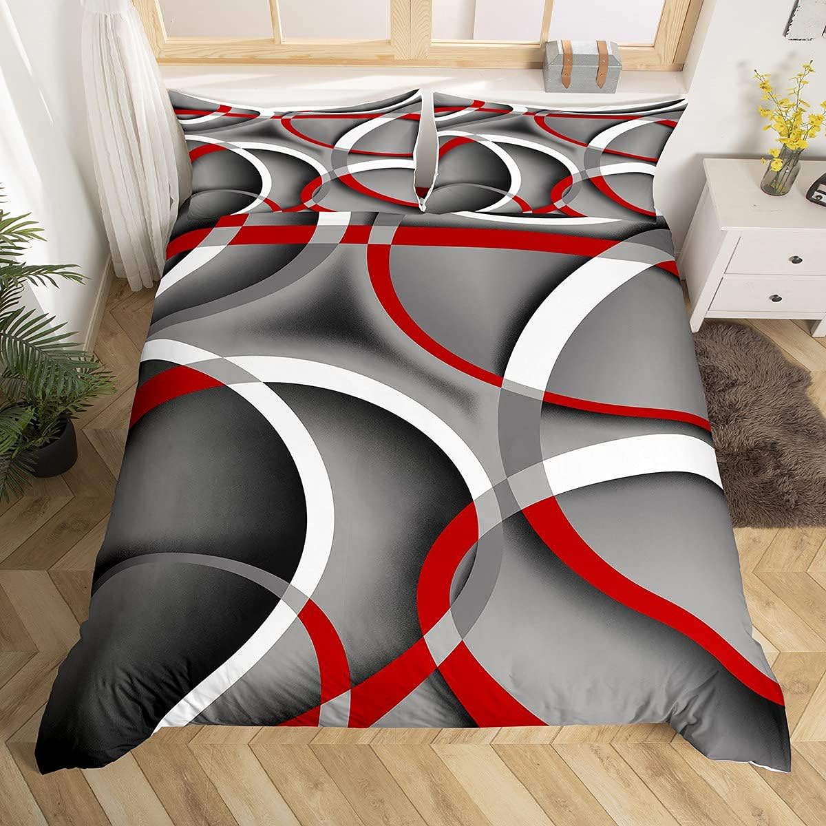 Moderne geometrische Linien-Bettwäsche, King-Size-Größe, für Jungen, Damen, Herren, grau, schwarz, rot, Wirbelmuster, Retro-Linien, Steppdecke, Bezug, Bezug mit 2 Kissenbezügen, Mikrofaser-Bettbezug
