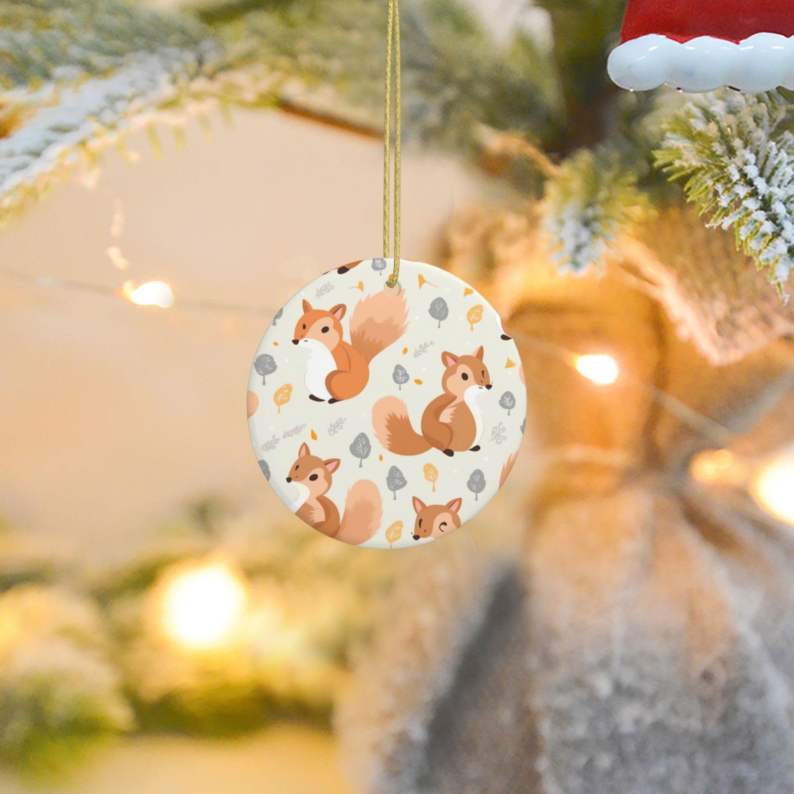 Christmas Tree Ornaments Ceramics Christmas Round Decorations Cute Squirrels Ceramics Ornaments Circle Pentagram Xmas Tree Hanging Pendant for Christmas Tree Party Holiday Home Decor