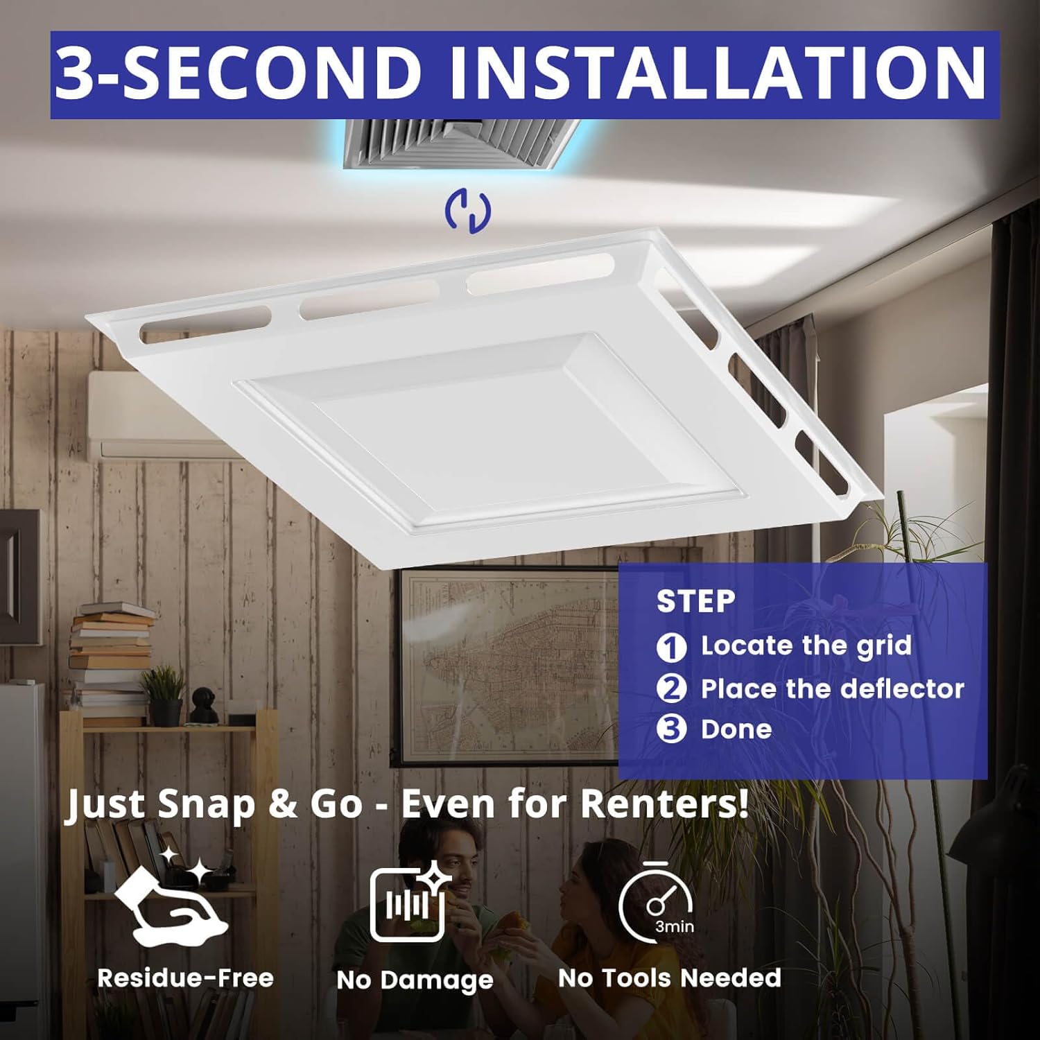 4-Way Ceiling Vent Deflector for 2x2 Drop Ceiling - Air Diverter Redirector, No Tools Required, Even Air Distribution for Office, Classroom & Commercial Spaces