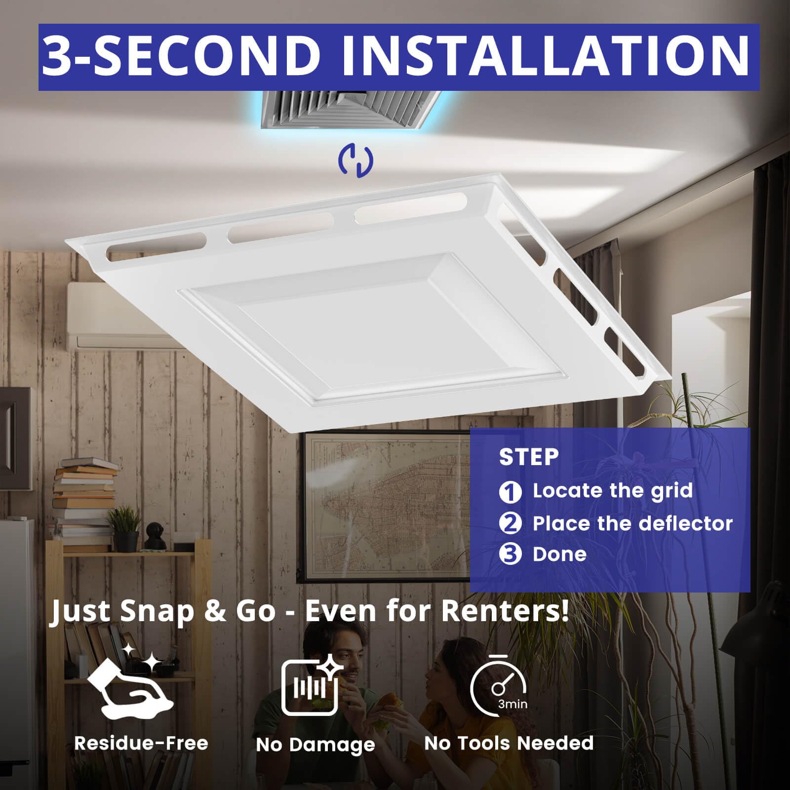 Desviador de aire de techo de 4 vías de 24 x 24 pulgadas, deflector de aire de ventilación para rejilla de techo de 2 x 2 pies, instalación sin herramientas, redirector de flujo de aire para oficinas