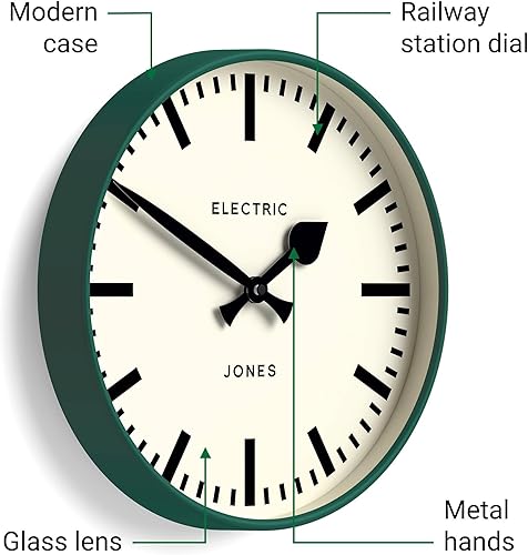 Miniatura 6 de JONES CLOCKS Reloj de pared Tiger  Reloj de estación redondo moderno  12 pulgadas  Verde oscuro  Aspecto de diseñador genial para cocina, sala de