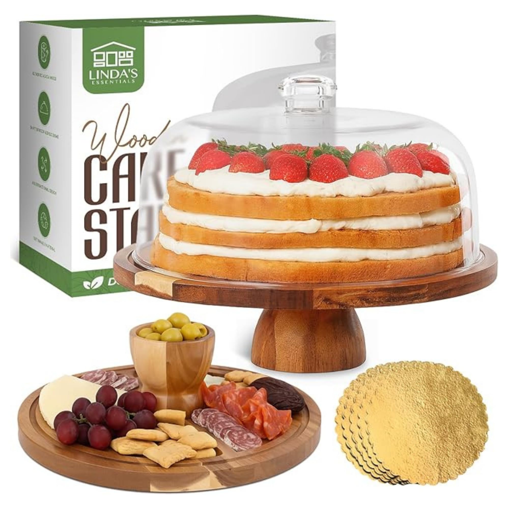 Linda's Essentials Acacia Wood Cake Stand with Lid - 12 Inch Round Cake Holder Stand with 5 Bonus Cake Sheets, 2-in-1 Wooden Cake Stand with Dome & Charcuterie Board for Cheese, Cake Plate with Lid