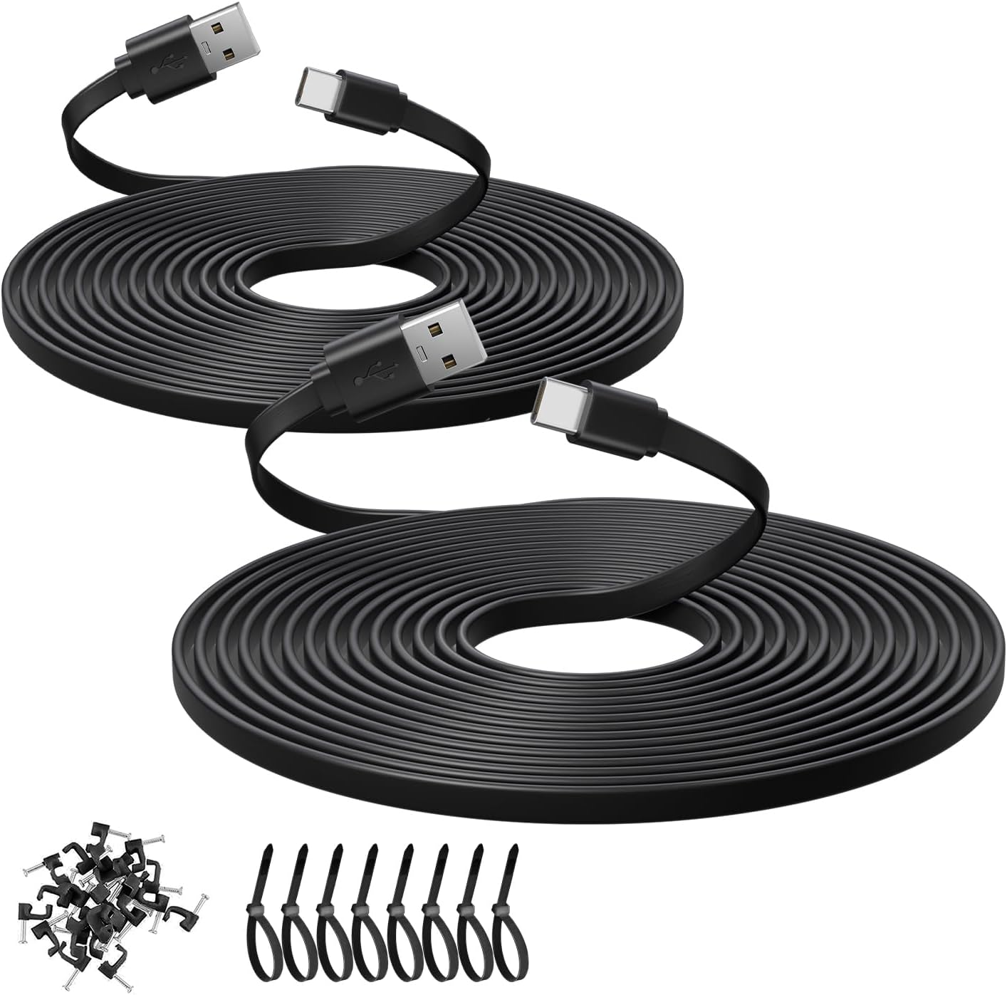 2 Pack 3M Flat Power Extension Cable for USB-C Enabled Security Cameras or Switch Pro Controllers and More USB A to Type C Extension Charging and Data Sync Cable - Black
