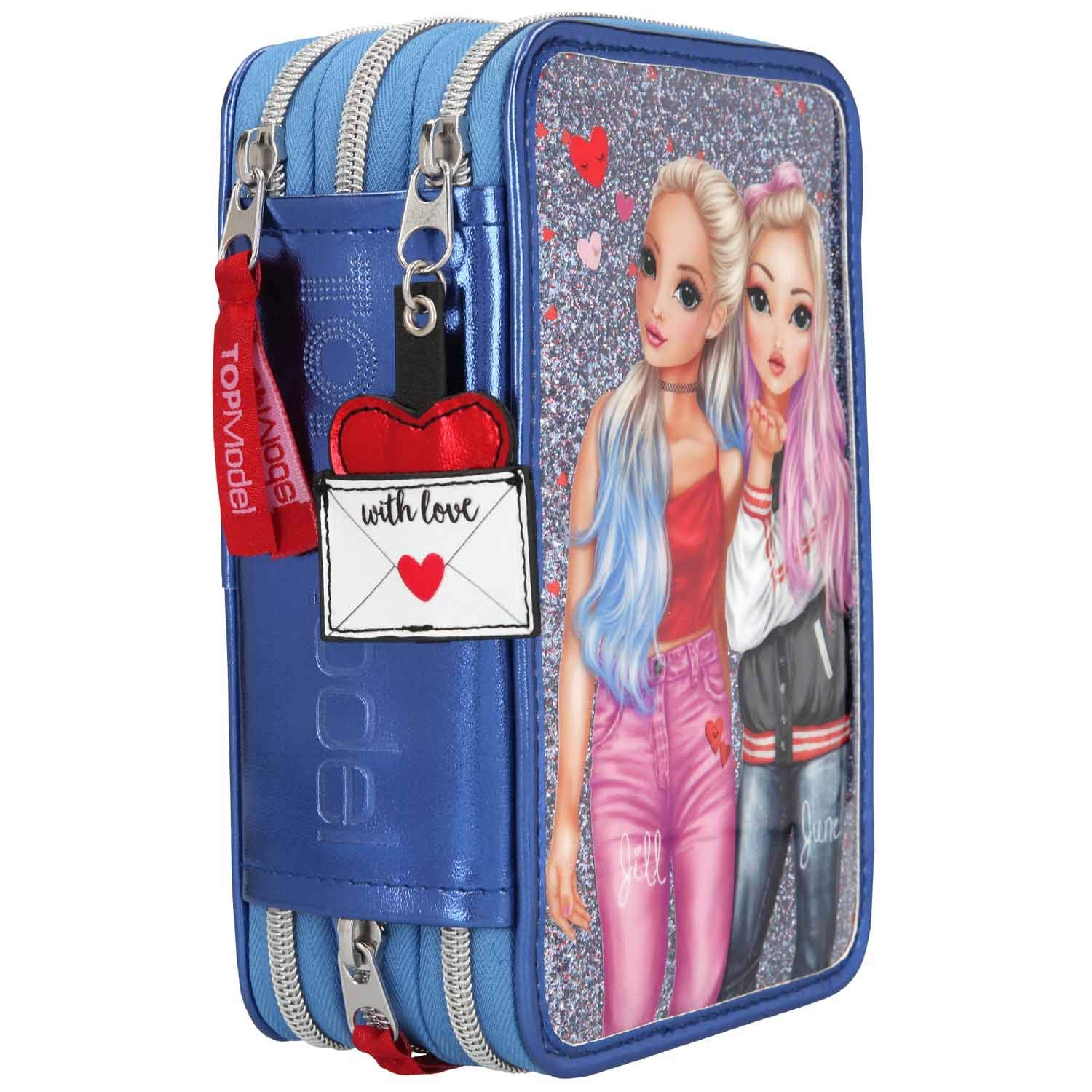 Depesche 10932 TOPModel - Gefüllte 3-fach Federtasche im Love Letters Design, blaue Federmappe ca. 7,5 x 13 x 20 cm groß, mit Filz- und Buntstiften, Lineal, Schere, Kleber, uvm.